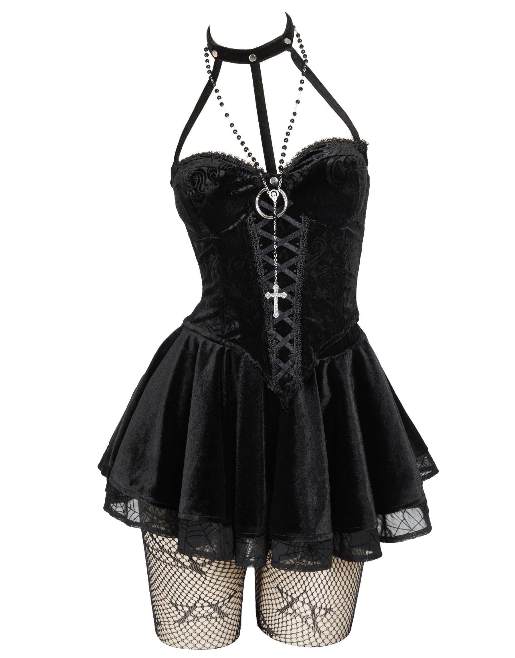 MEOWCOS Corset Top Skirt Set Gothic Halloween Casual Party Dress Lace-up Top Skirt with Net Stockings and Sleeves