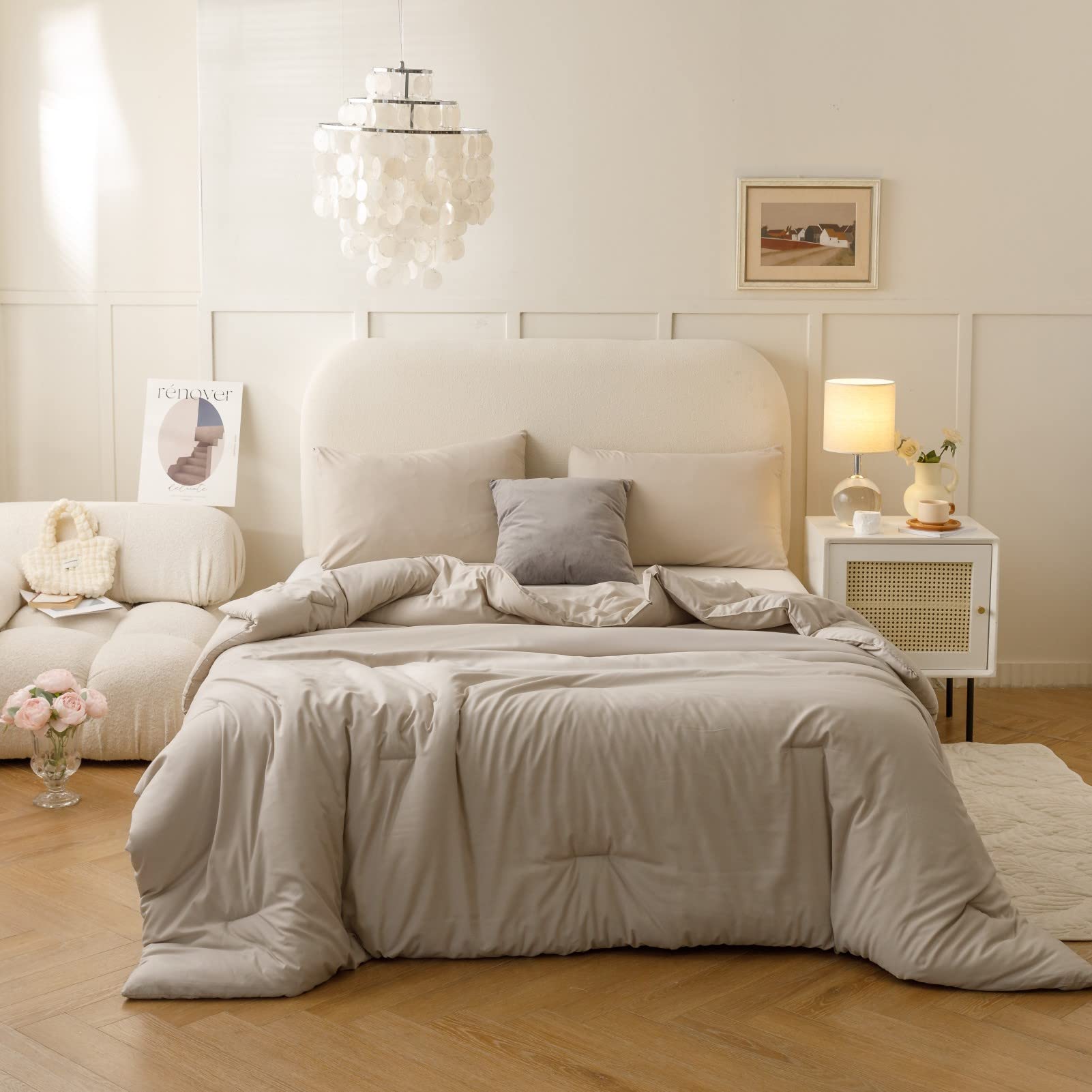 ROSGONIA Queen Comforter Set Oatmeal, 3pcs(1 Boho Oatmeal Comforter & 2 Pillowcases) All Season Soft Bedding Lightweight Bedspread Blanket Quilt: Queen Comforter 90"x90" Oatmeal