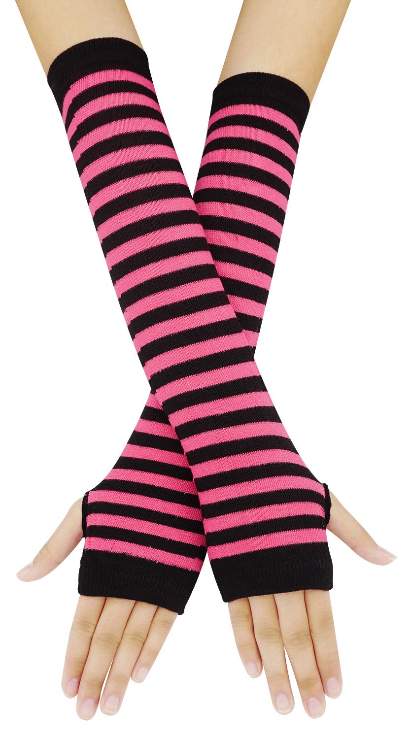 Bienvenu Womens Socks Striped Knee High Socks Arm Warmer Fingerless Gloves Set: Fuchsia