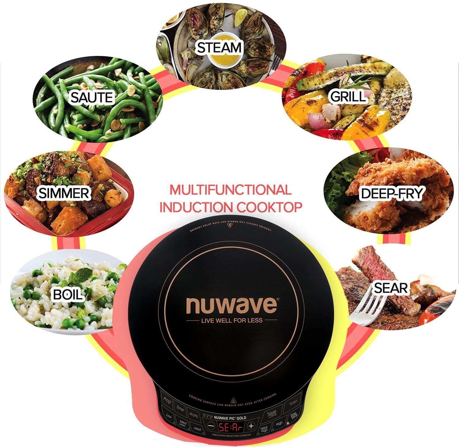 Nuwave Induction Wok, 3 Wattages 600, 900 & 1500, Precise Temp Controls from 100°F to 575°F in 5°F, Infuse Complex Charred Aroma & Flavor, Authentic 14-inch Carbon Steel Wok Included, Wok Hei: Induction PIC Gold + 9" Pan