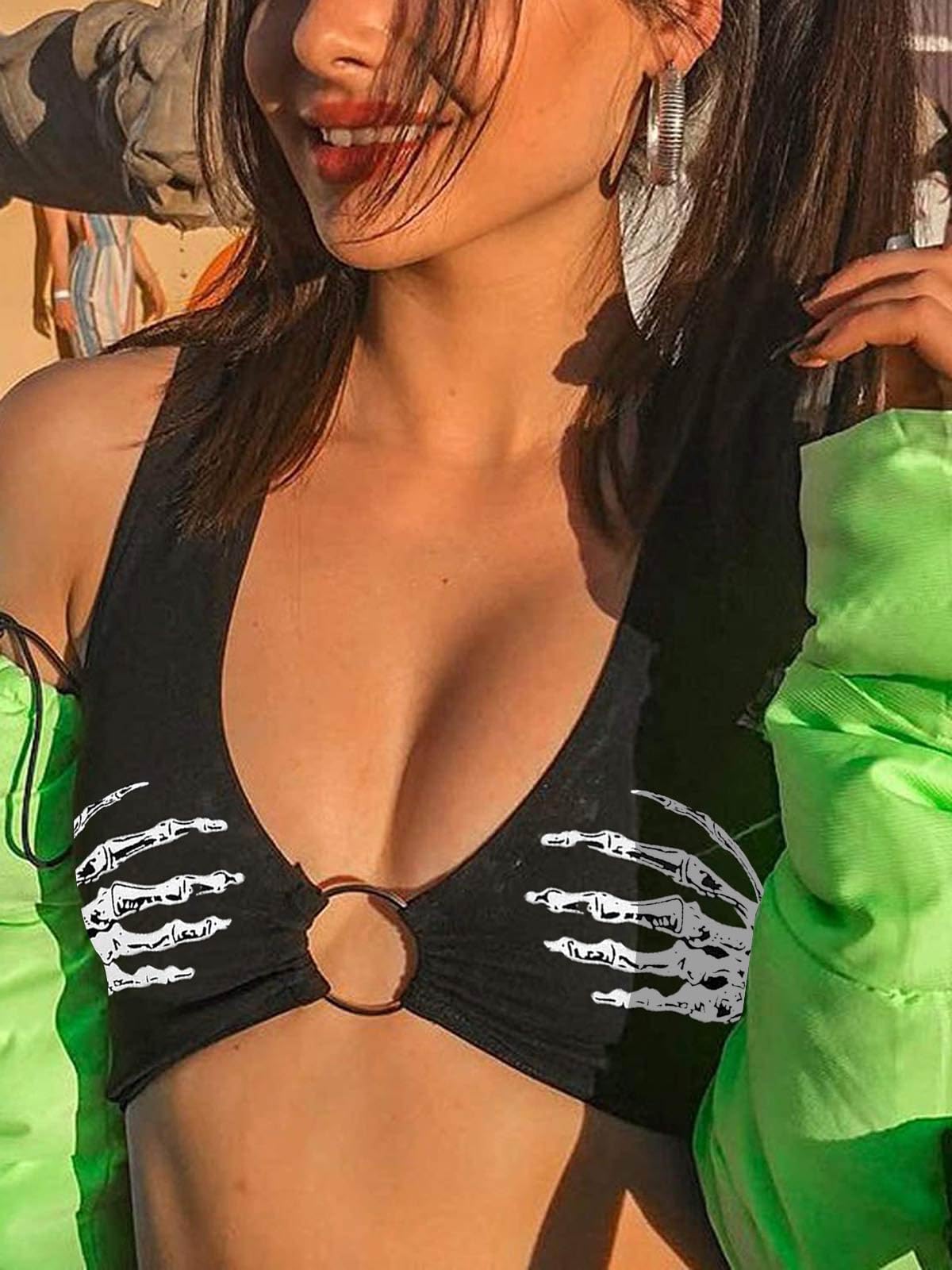 BEJONS Women Sexy Y2k Corset Like Crop Top Deep V Neck Bra Night Going Out Festival Rave Top: 01-black Halloween 01# Small