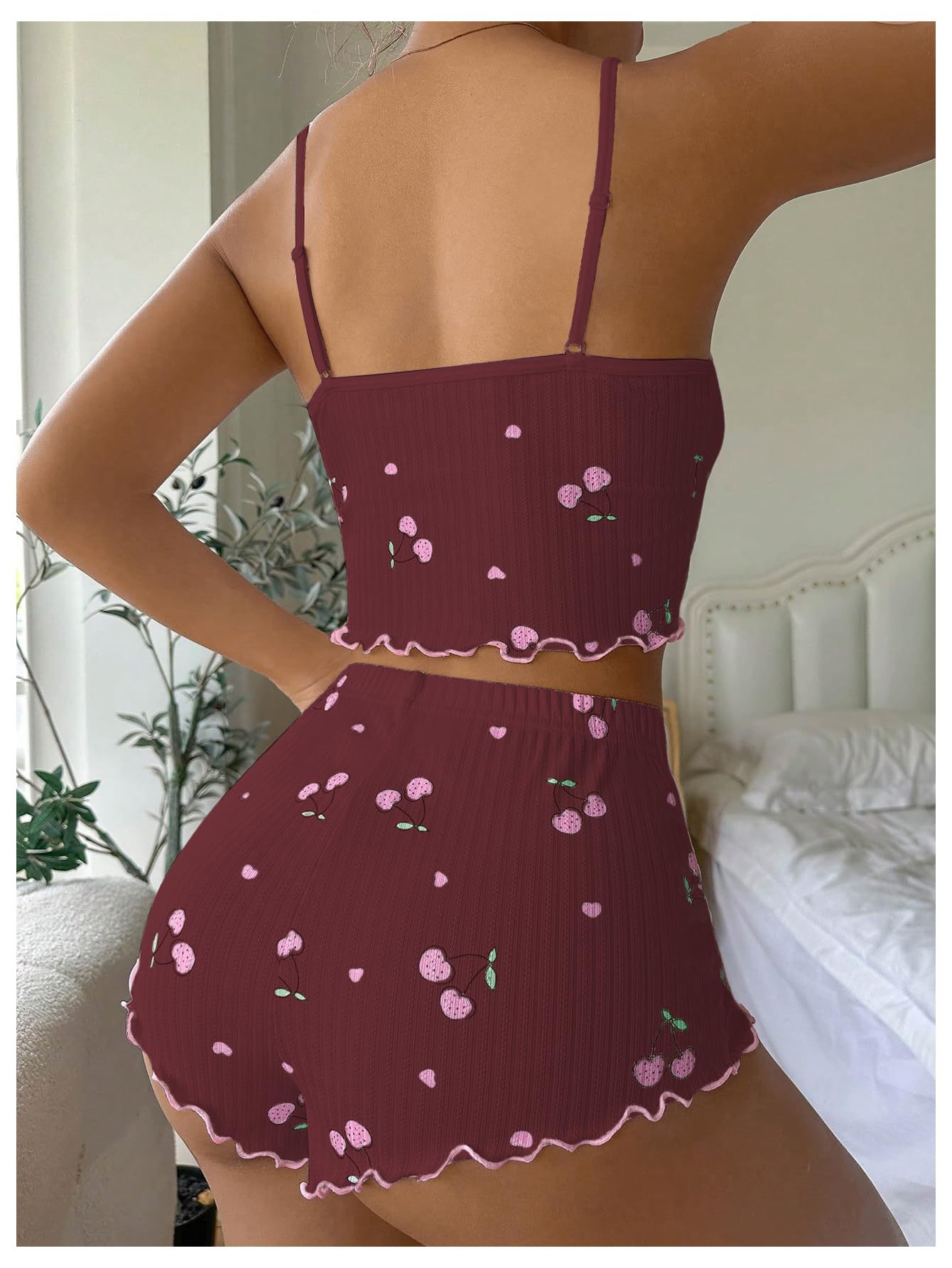 RoseSeek Women's 2 Piece Pajama Set Cherry Spaghetti Strap Bow Cami Tops and Shorts Set Cute Soft Sleepwear Burgundy Large