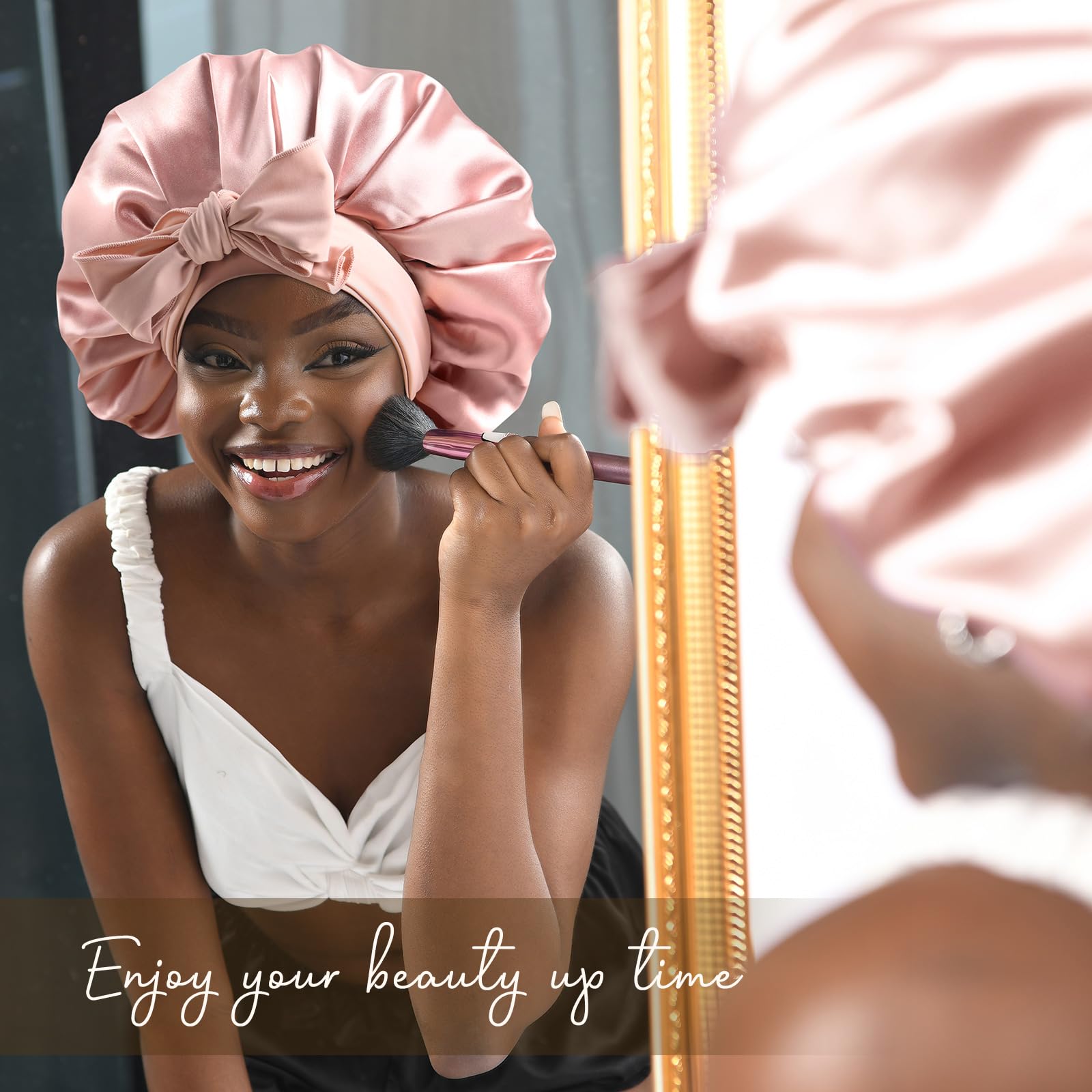 YANIBEST Silk Bonnet for Sleeping Women Satin Bonnet Double Layer Satin Lined Hair Bonnet with Tie Band Curly Hair Blush Pink: Large Blush Pink