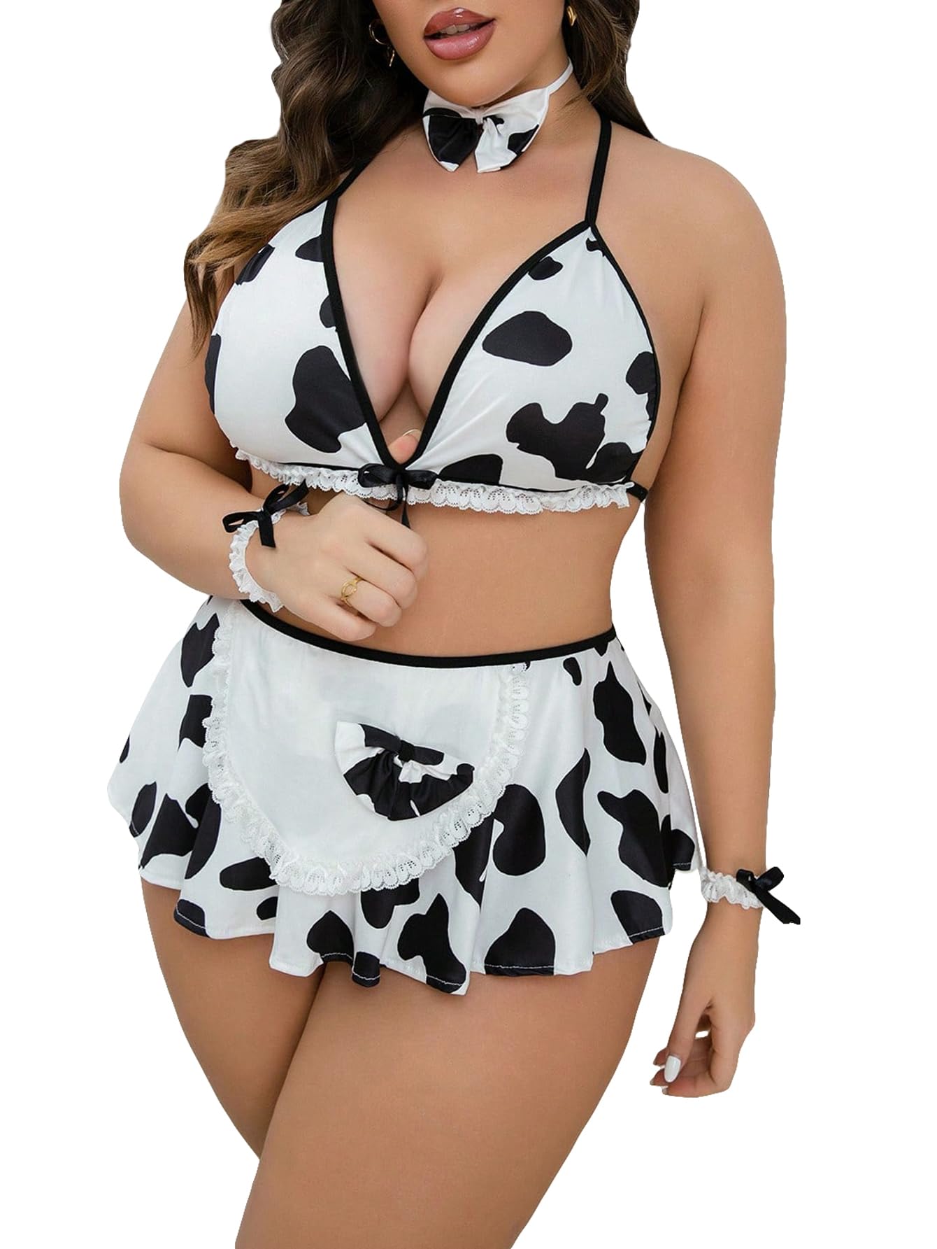 WDIRARA Women's Plus Size Cow Print Maid Costume Lace Trim Bralette and Skirt Lingerie Set with Choker