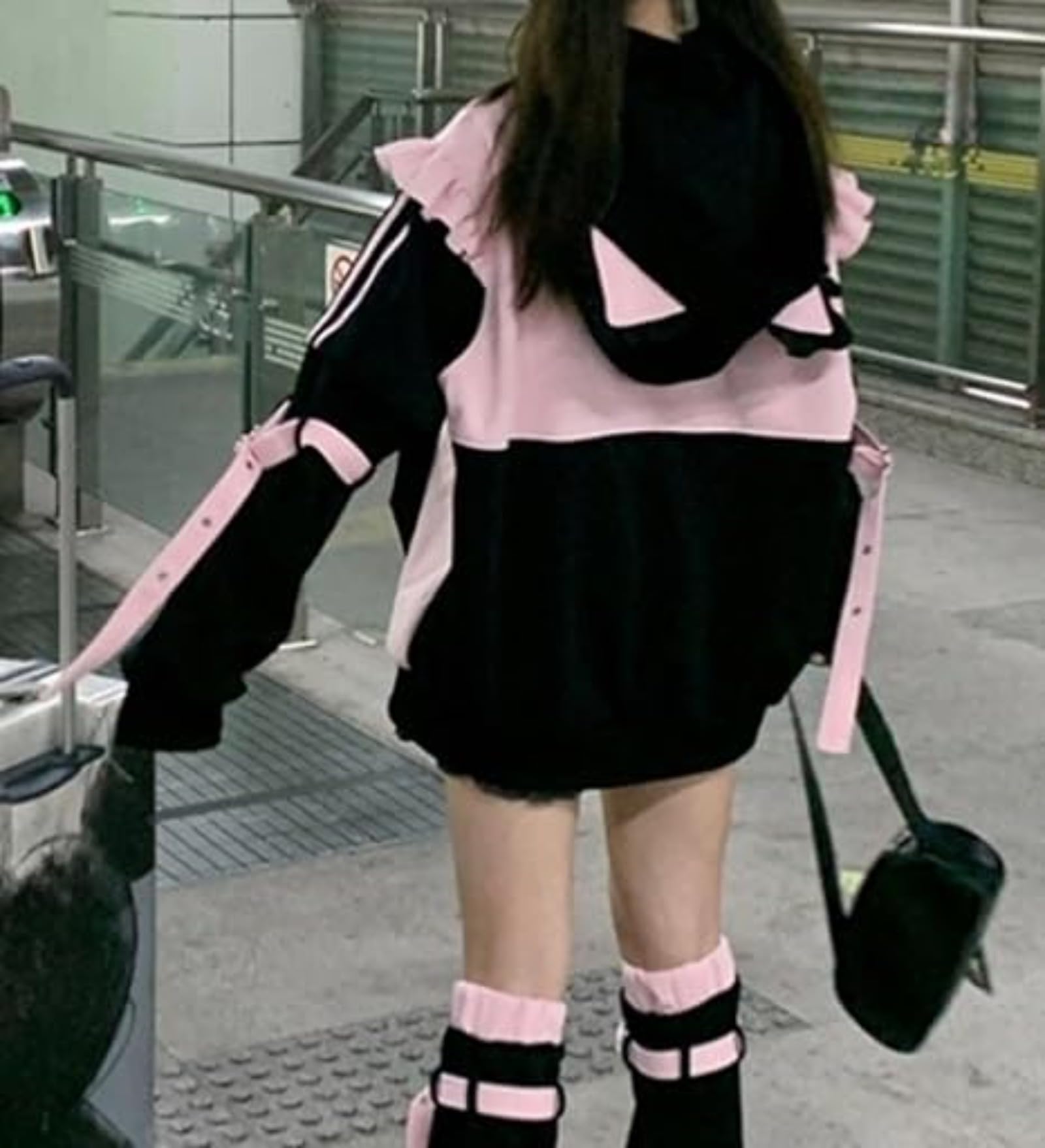 Pokn Tenshi Kawaii Hoodies Jirai Kei Fashion Cute Cat Ears Clothes Oversized Zip Up Hoodie Gothic Top: Pink Medium