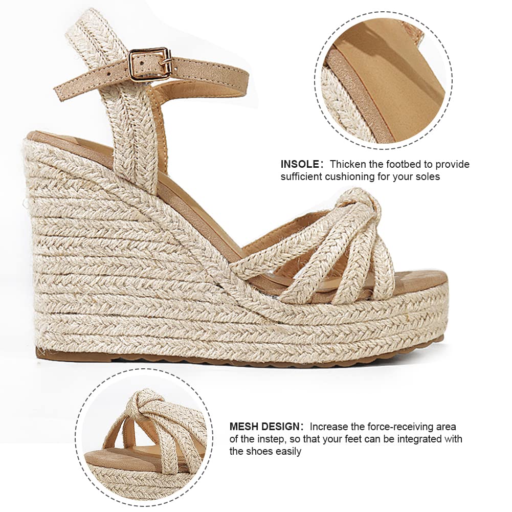 mikarka Wedge Sandals for Women: Open Toe Wedges Heels for Women - Comfortable Braided Summer Espadrilles Wedges Ankle Strap Platform High Heels Vacation Shoes: 7 Beige