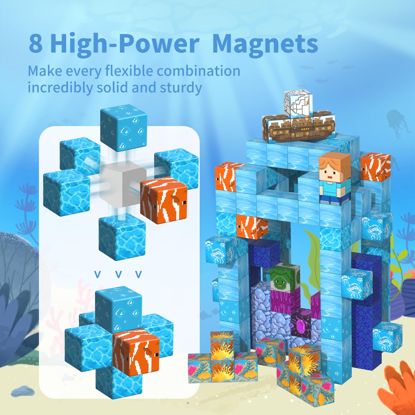 tinytrek Magnetic Blocks-120PCS Ocean Quest Set，Magnetic Building Blocks Kids Toys for Ages 3 4 5 6 7 8 Birthday Gifts，STEM Montessori Sensory Toys for 3+ Years Old Boys & Girls