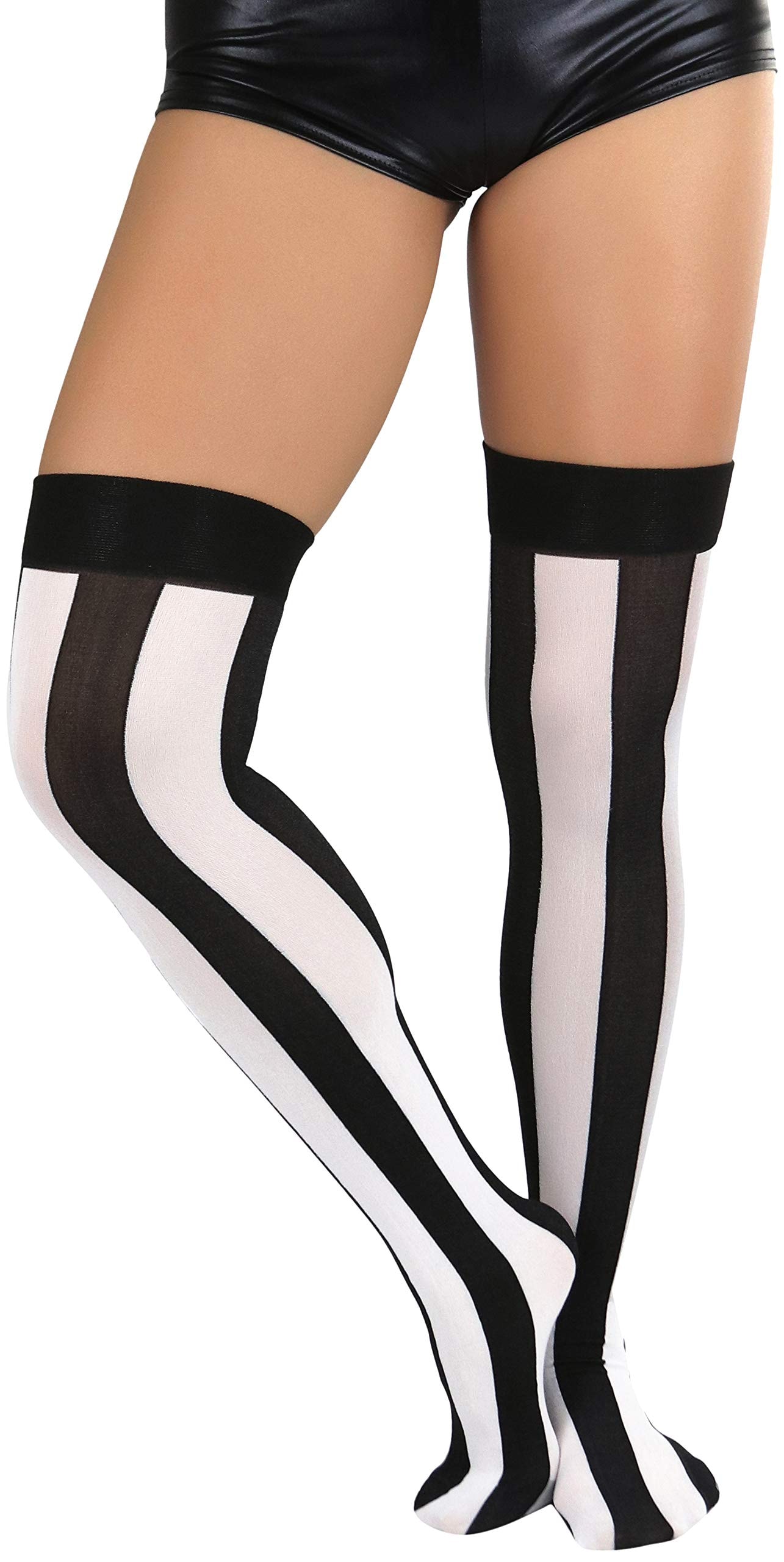 ToBeInStyle Women’s Wide Vertical Striped Thigh High Halloween Party Novelty Stockings: Black W/ White Wide Stripes
