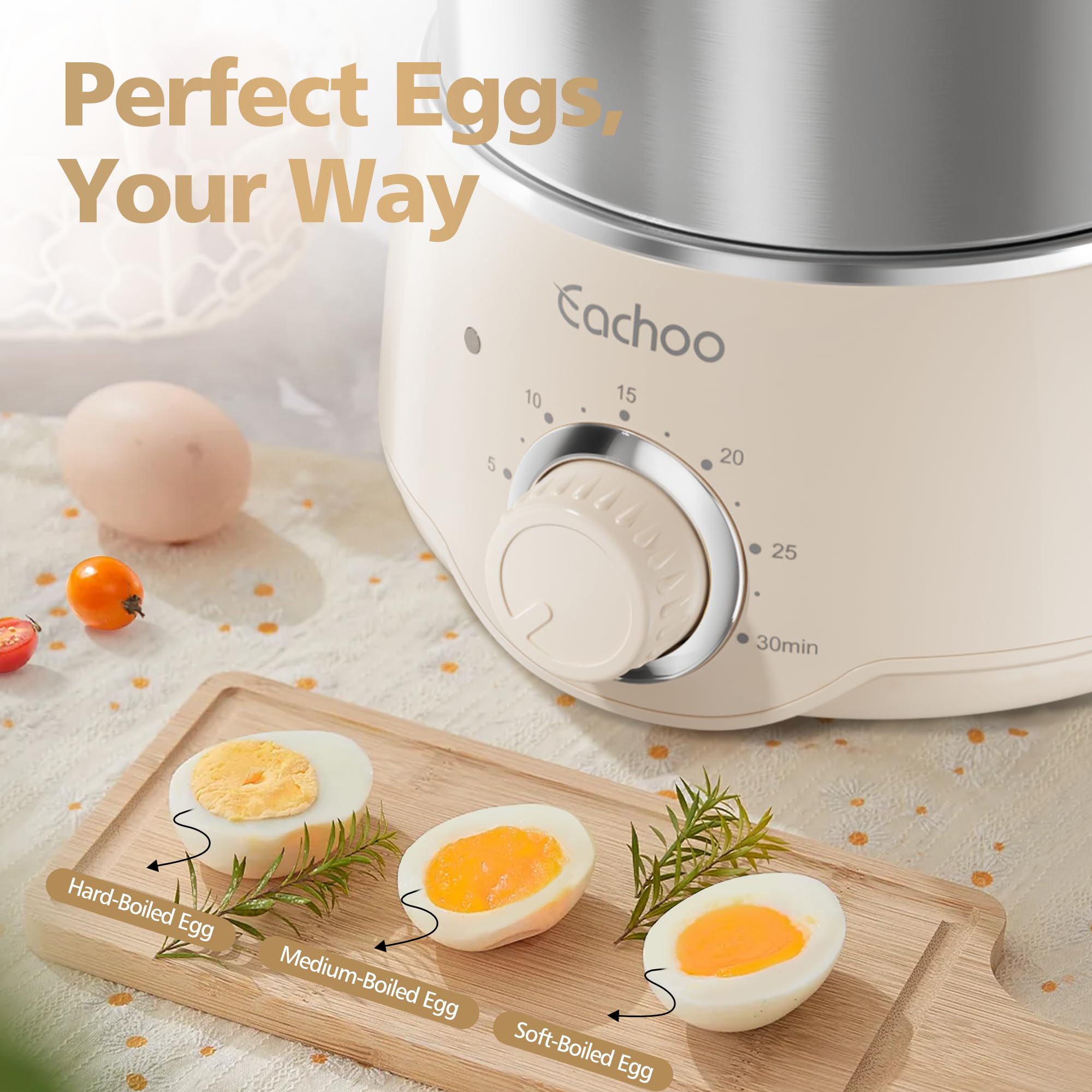 Hard Boiled Egg Cooker - CACHOO 14-Egg Rapid Stainless Steel Egg Boiler with 30-Min Timer & Auto Shut Off, Compact Electric Vegetable Steamer for Cooking, Dishwasher Safe, Beige: Beige 2-Tier