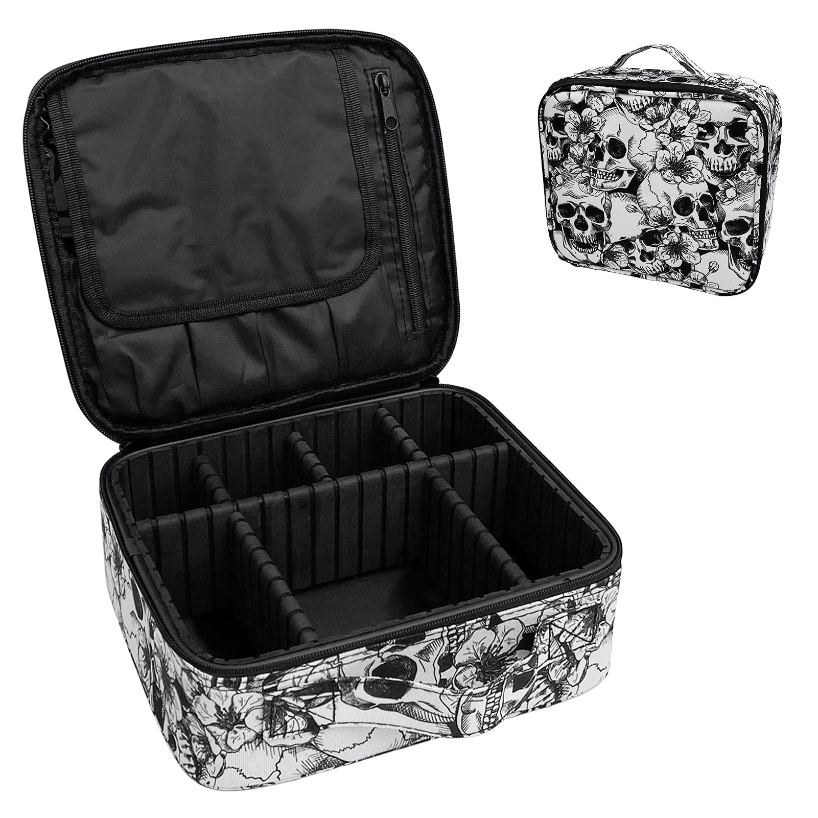 9CH Goth Makeup Organizer Bag, Halloween Makeup Bags Large Cosmetic Bag with Adjustable Dividers Portable Bat Cosmetic Case for Make up Brushes Toiletry Jewelry（Black Bats）: Skull Floral