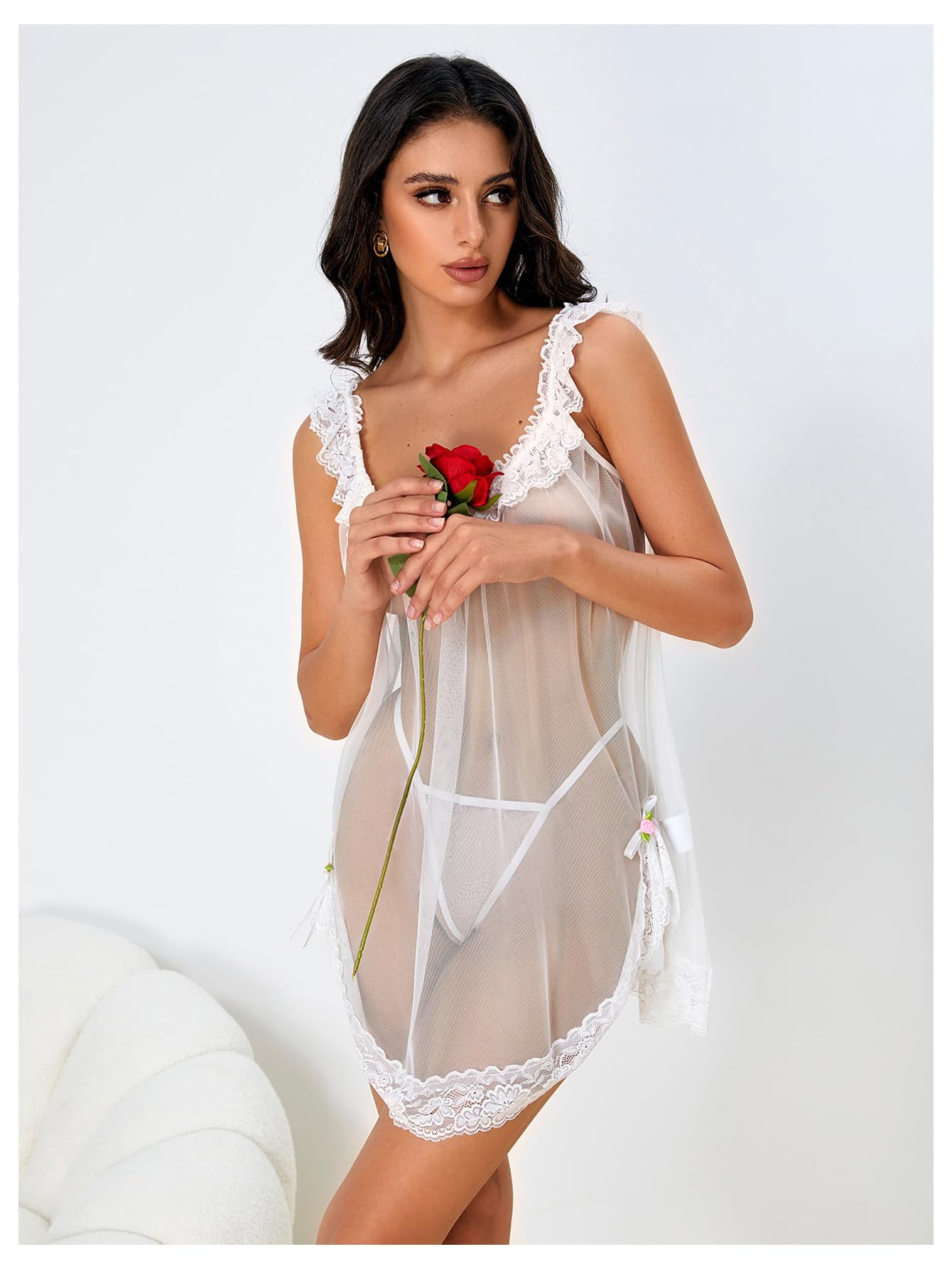 OYOANGLE Women's 2 Piece Mesh Sheer Floral Lace Babydoll Slip Dress Nightgowns and Thong Lingerie Set: Medium White