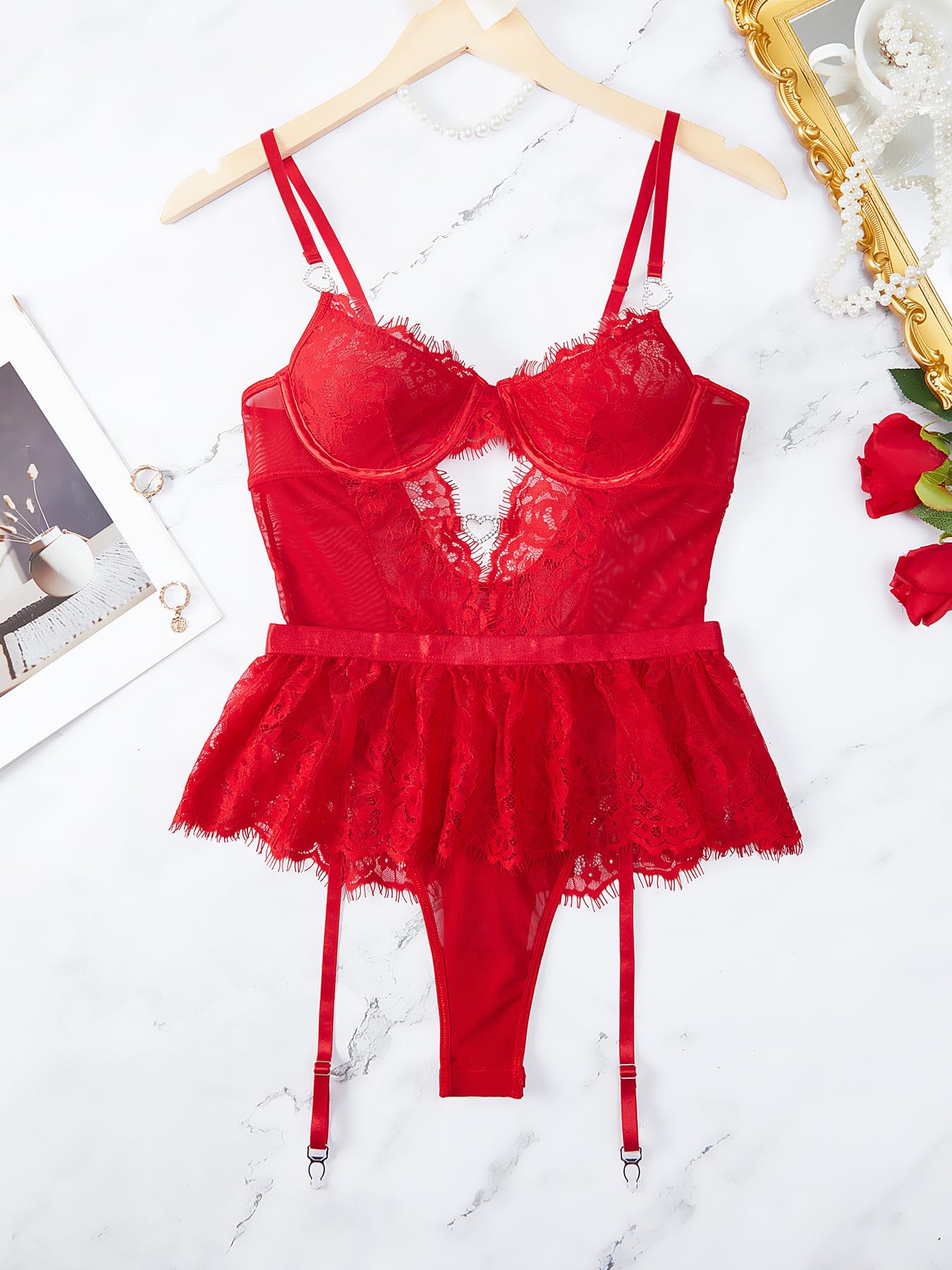 Alrovetoney Women Lingerie Set Naughty Lace Bodysuit High Waisted Underwire Lingerie Babydoll With Garter Belt and Stockings: Small Red