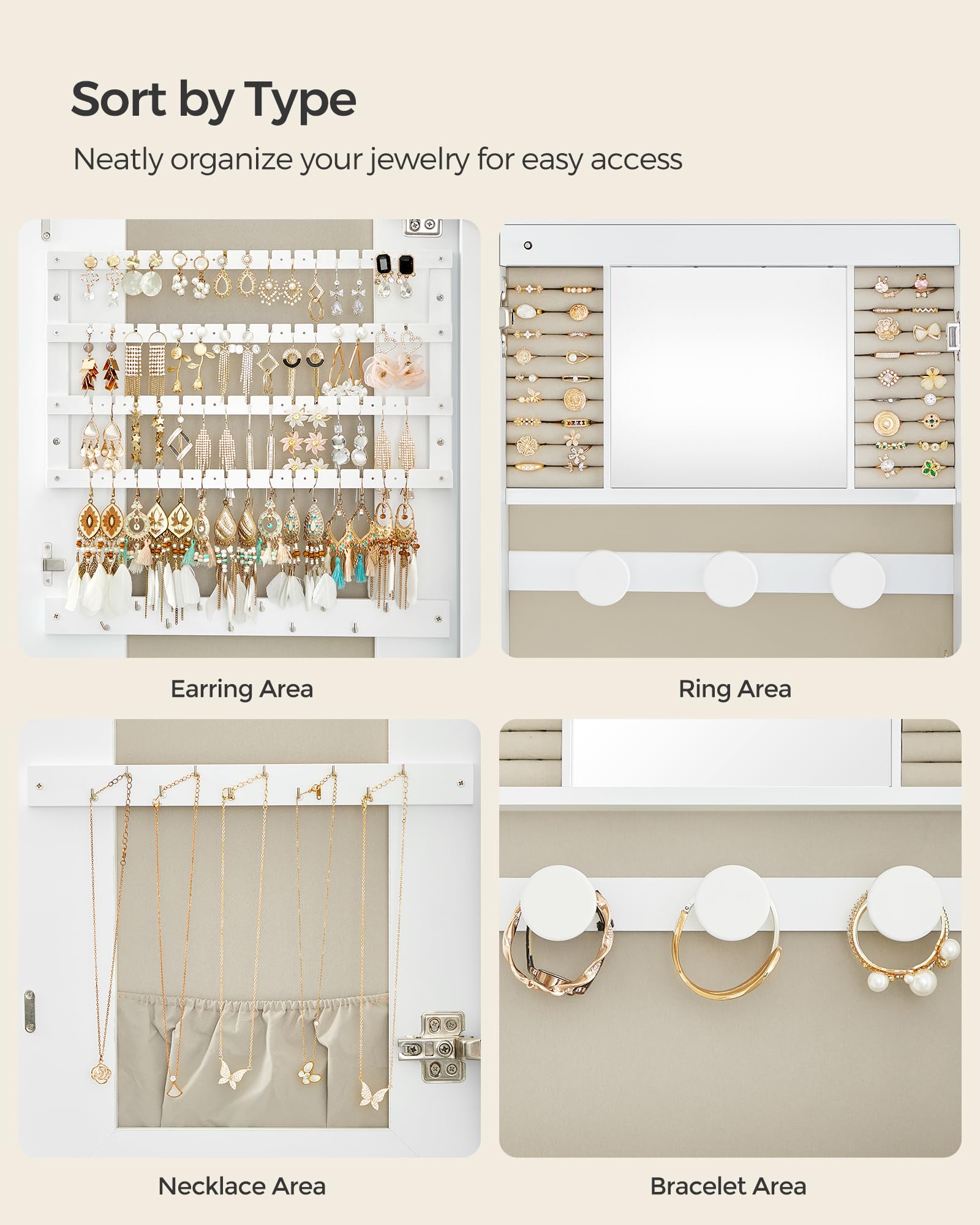 SONGMICS Jewelry Organizer, LED Jewelry Cabinet Wall or Door Mounted, Lockable Rounded Wide Mirror with Storage, Interior Mirror, 3.9 x 16.5 x 42.5 Inches, White Surface with Greige Lining UJJC026W01