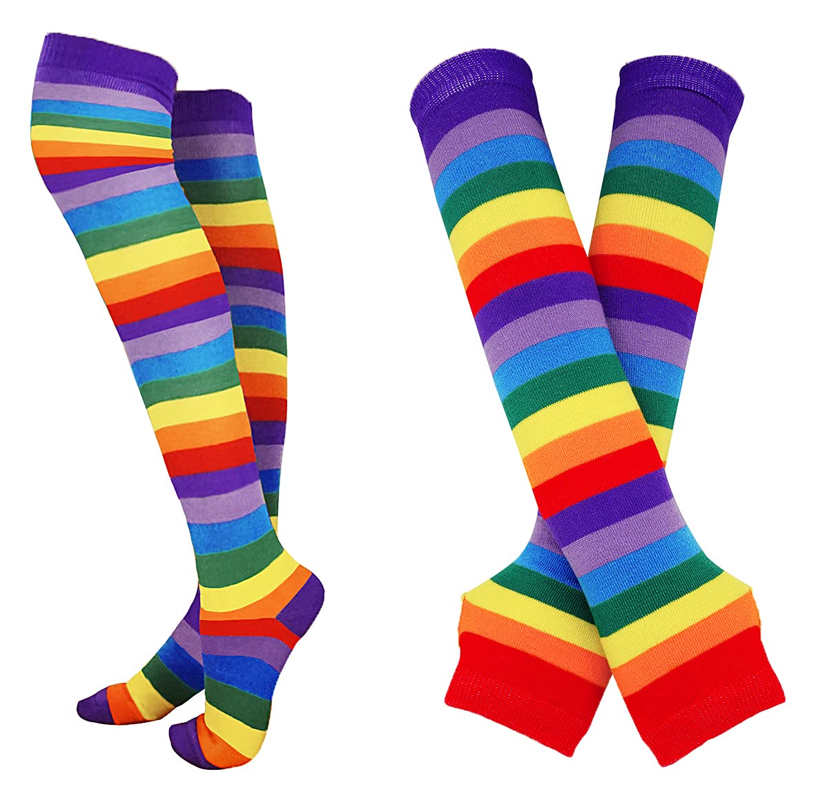 Bienvenu Womens Socks Striped Knee High Socks Arm Warmer Fingerless Gloves Set: Rainbow