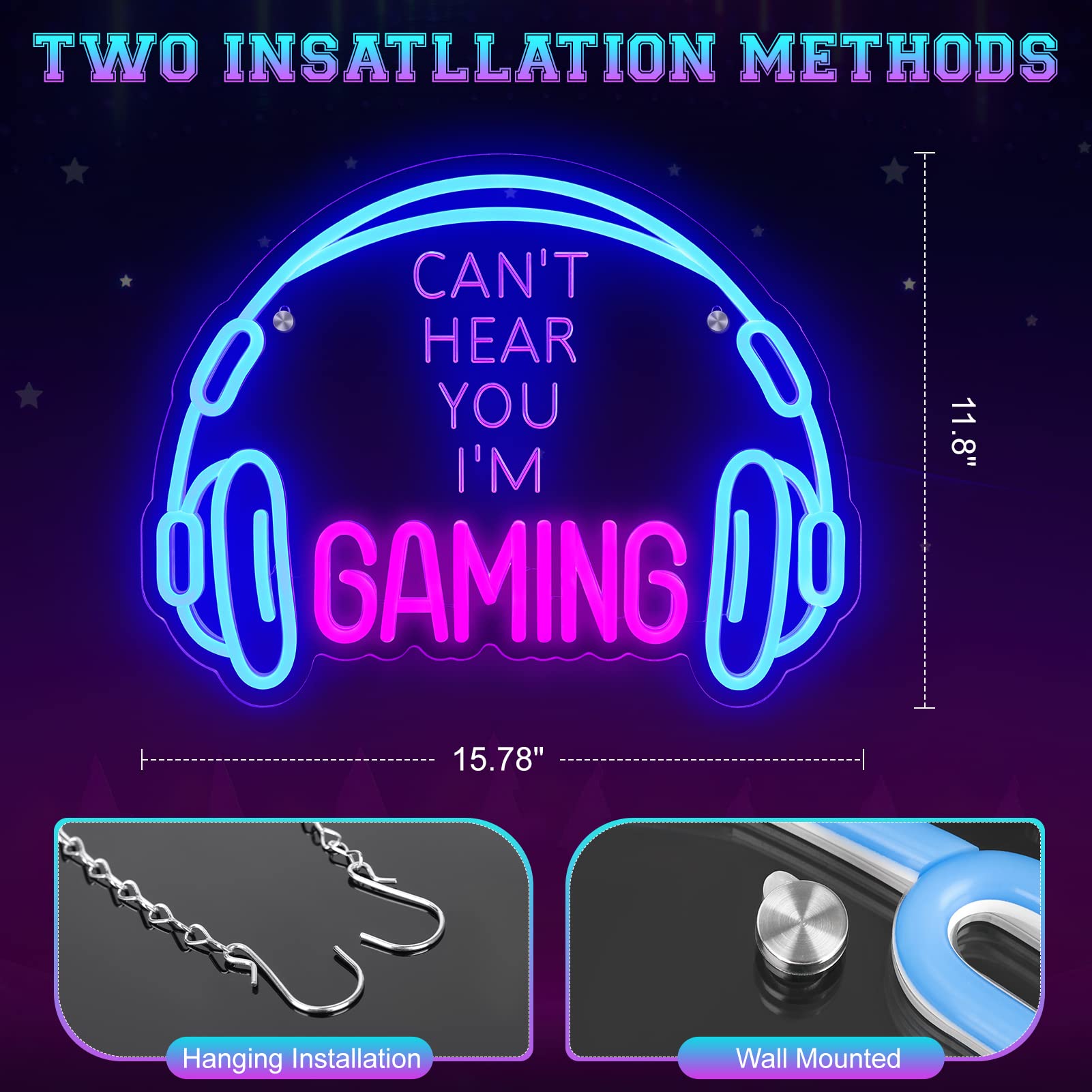 Gaming Neon Sign, Large Bright and Dimmable Colored LED Headset Gamer Neon Light and USB Powered Headphone Lightup Game Signs for Game Zone Video Room Boy Bedroom Wall Decor (): Can't Hear You I'm Gaming