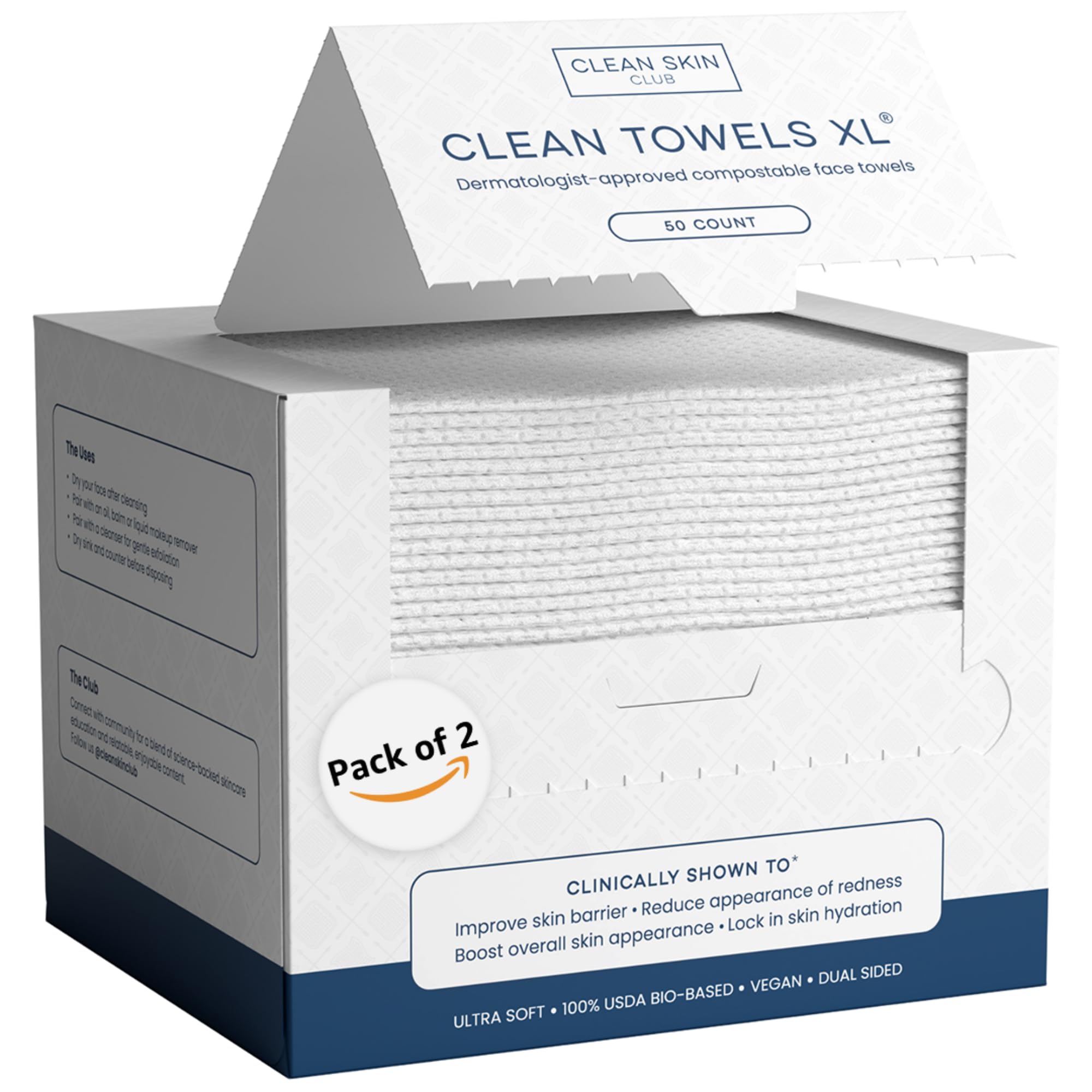 Clean Skin Club Clean Towels XL™, 100% USDA Biobased Face Towel, Disposable Face Towelette, Eczema Association Accepted, Makeup Remover Dry Wipes, Ultra Soft, 300 Ct, 6 Pack: 100 Count (Most Popular!)