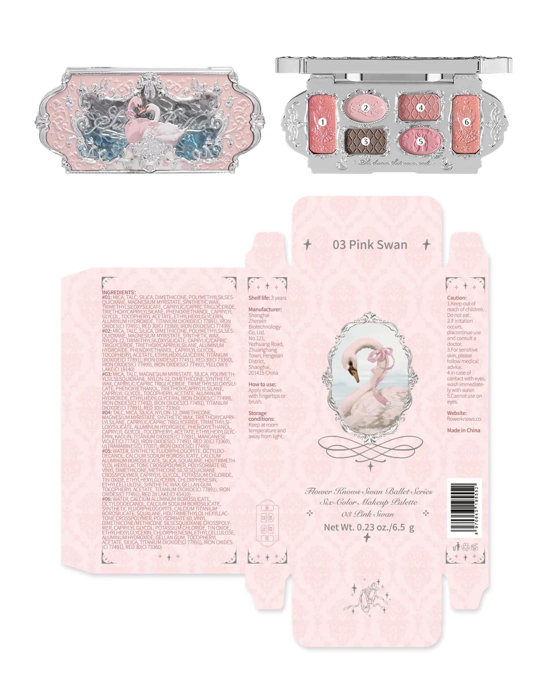 Flower Knows Swan Ballet Six-Color Makeup Palette,Eyeshadow,Blush,Highlighting & Contour All-in-One Face Makeup Palette with 4 Matte+2 Shimmer Smoky Shades(02 Black Swan,0.23 Oz)