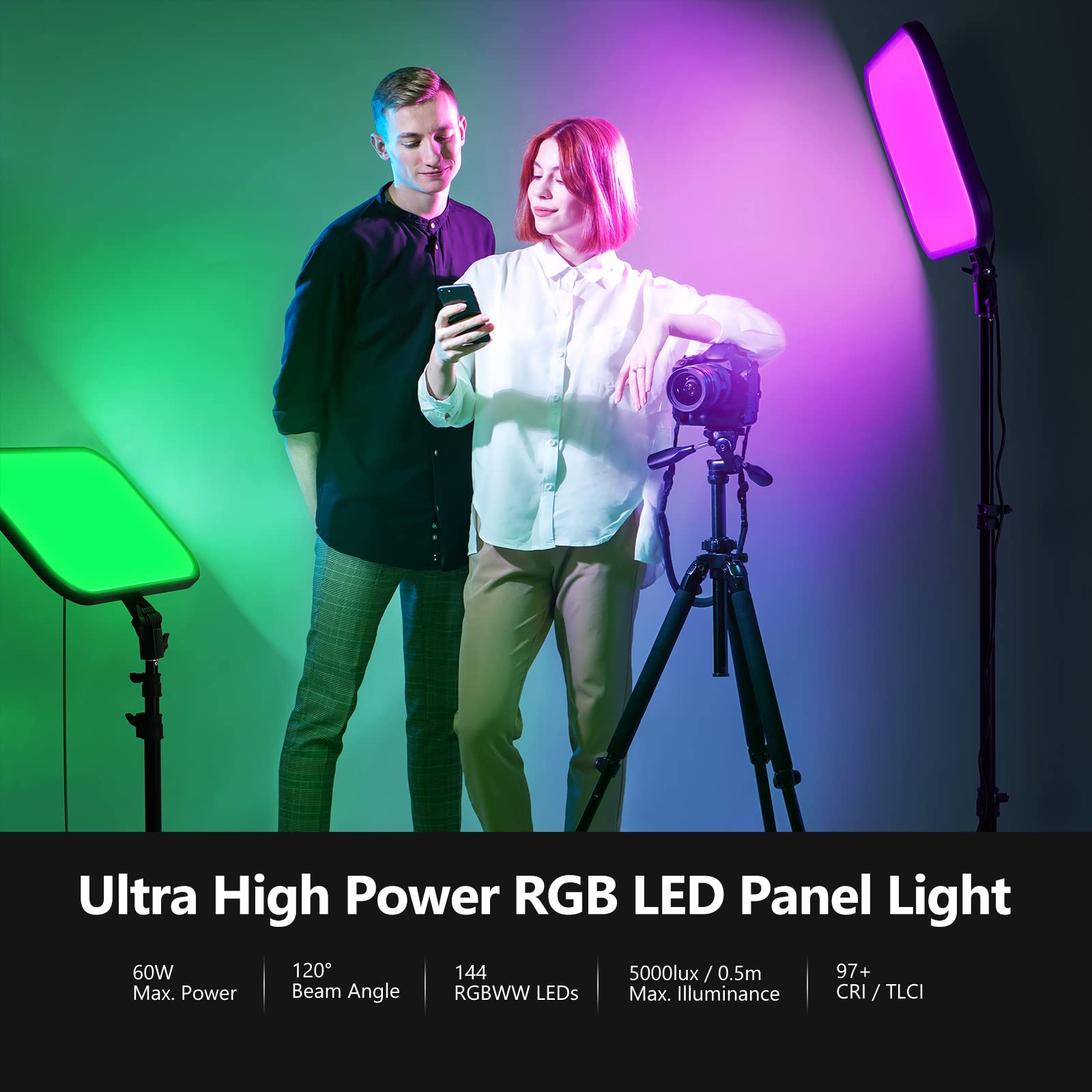 Neewer 13" Led Video Light Panel Kit, 2 Pack Dimmable Bi Color Soft Key Lighting with Tripod Stand, 8000mAh Battery, 3200~5600K CRI97+ 2400Lux for Game/Streaming/YouTube Recording/Studio Photography: RGB168