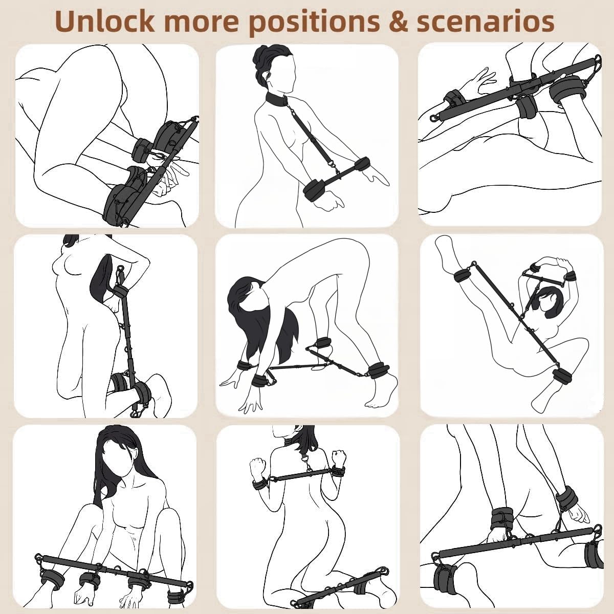 Spreader Bar Sex Toys with Wrist Ankle Neck Collar Restraint Kits Adjustable Handcuffs Collar Bondage Set BDSM for Adult Couple (): Black