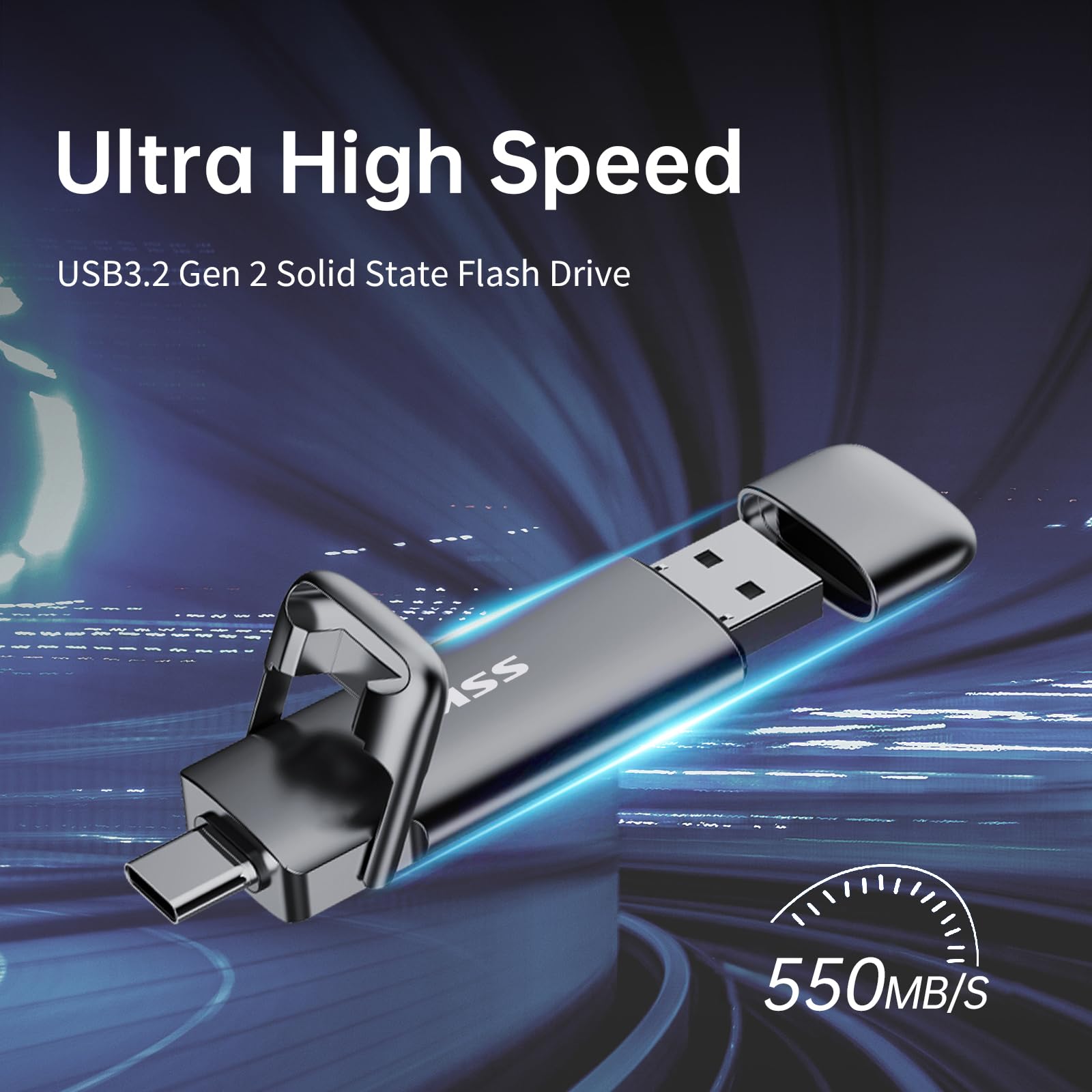 SSK  External USB SSD,Fast 550MB/s 2-in-1 Dual Drive USB Type C+ USB A 3.2 Gen2 Solid State Thumb Drive Data Storage for iPhone 15/PS4/Android Phone/Tablet/Windows/Mac: 2TB
