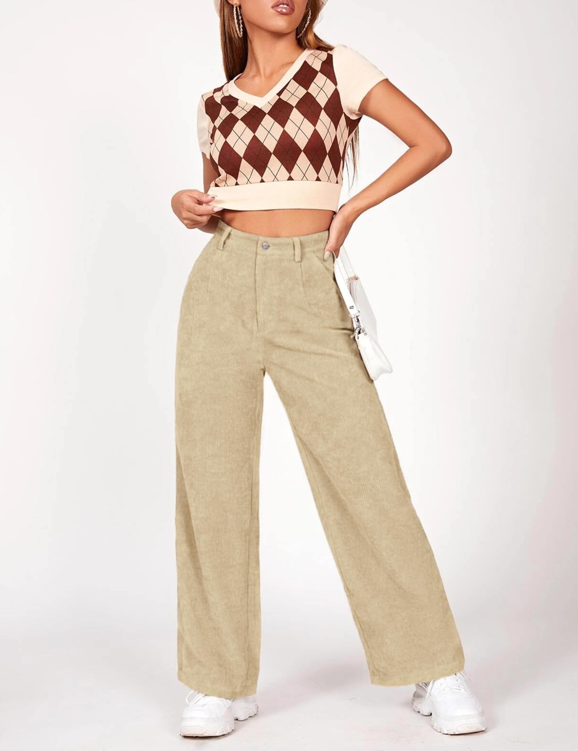 Himosyber Corduroy Pants for Women Casual Elastic High Waist Stretchy Wide Leg Pants Loose Fit Comfy Trousers with Pockets thumbnail 4