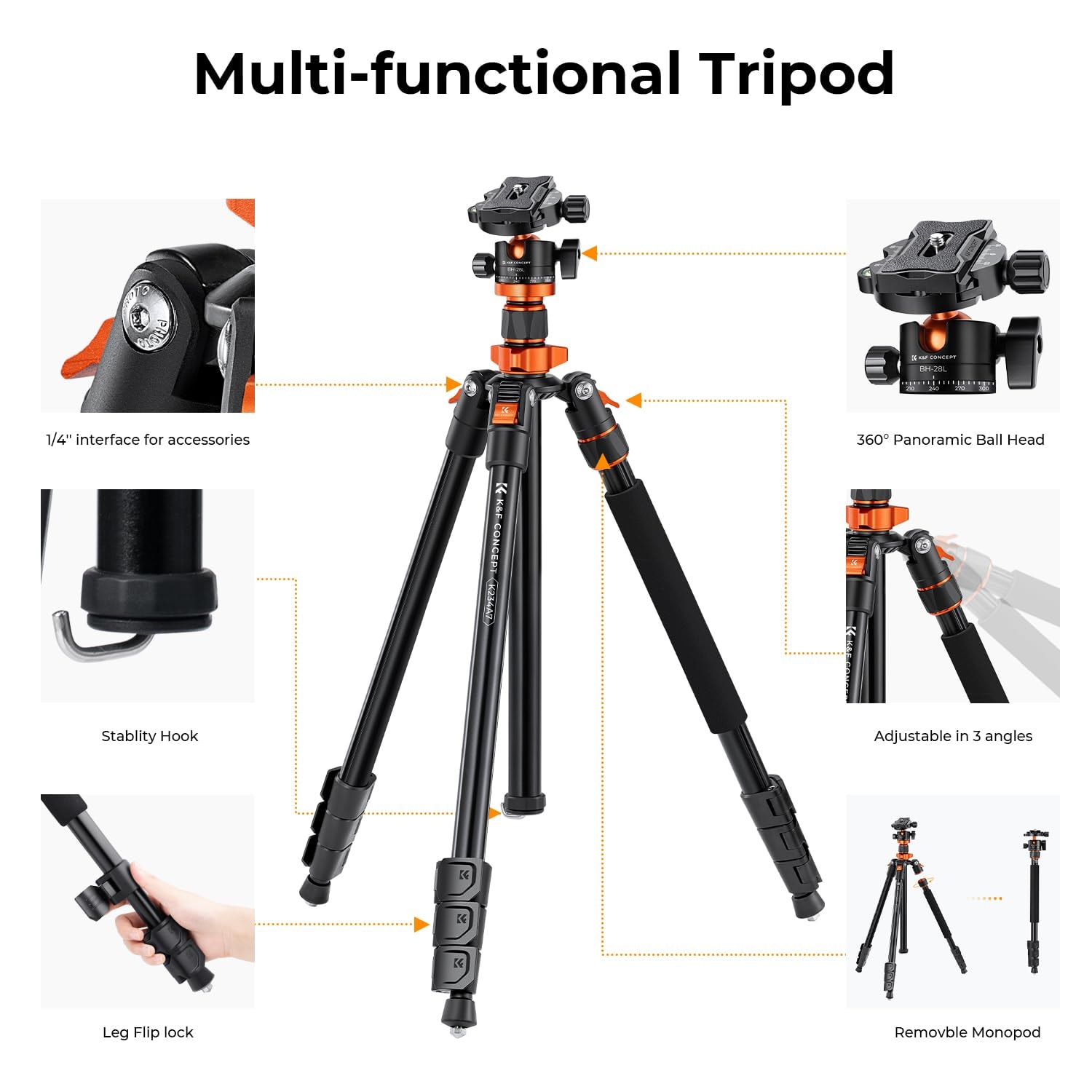 K&F Concept 78 inch Camera Tripod for DSLR Compact Aluminum Tripod with 360 Degree Ball Head and 10KG Load for Travel and Work  (S210) - Image 2