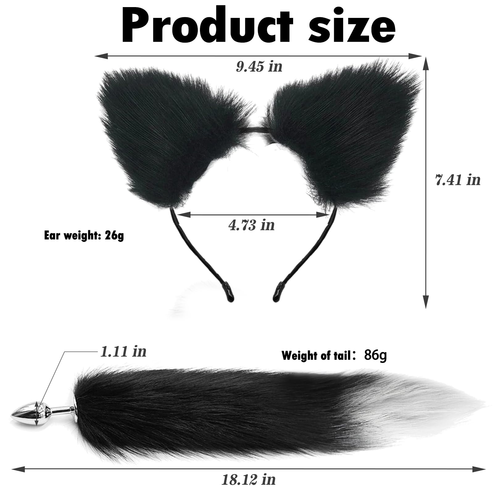 Stainless Steel Anal Butt Plug with Faux Silver Fox Tail and Ear-Anal Stopper Tail Sex Toy for SM Adult Games or Cosplay