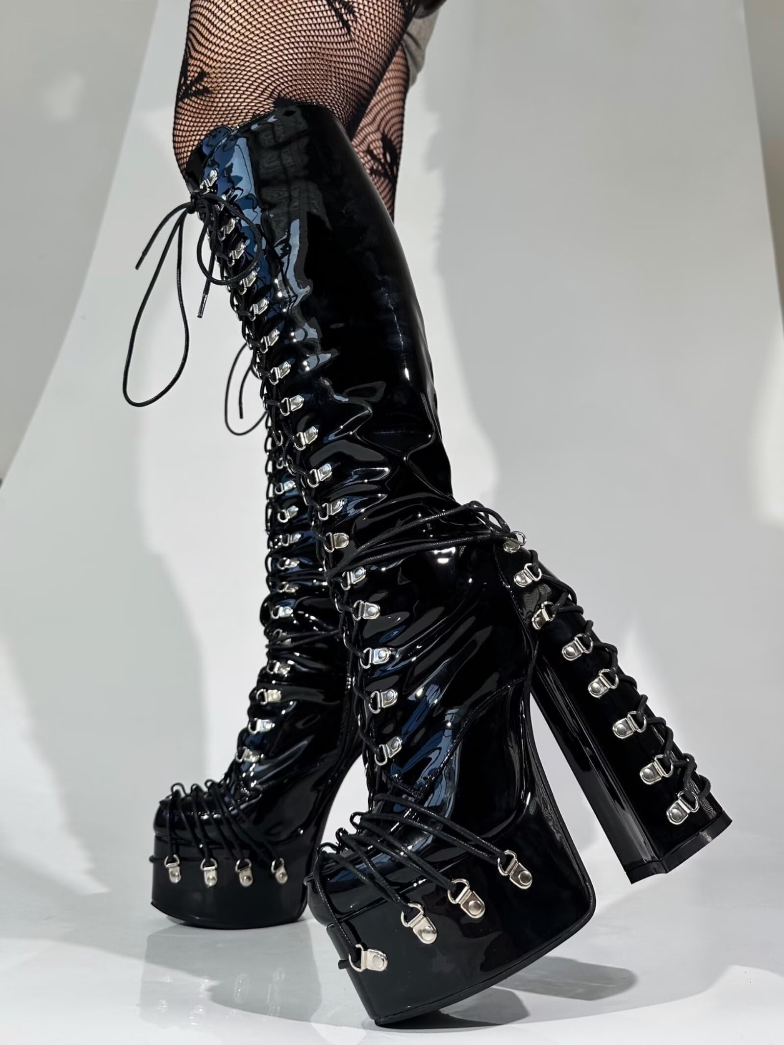 Frankie Hsu Goth Sexy Chunky Platform Knee High Heeled Lace Up Boots, Black Patent Silver Multi Buckle Gothic, Punk Y2K Hot Girl Big Large Size Wide Calf Long Shoes For Women Men