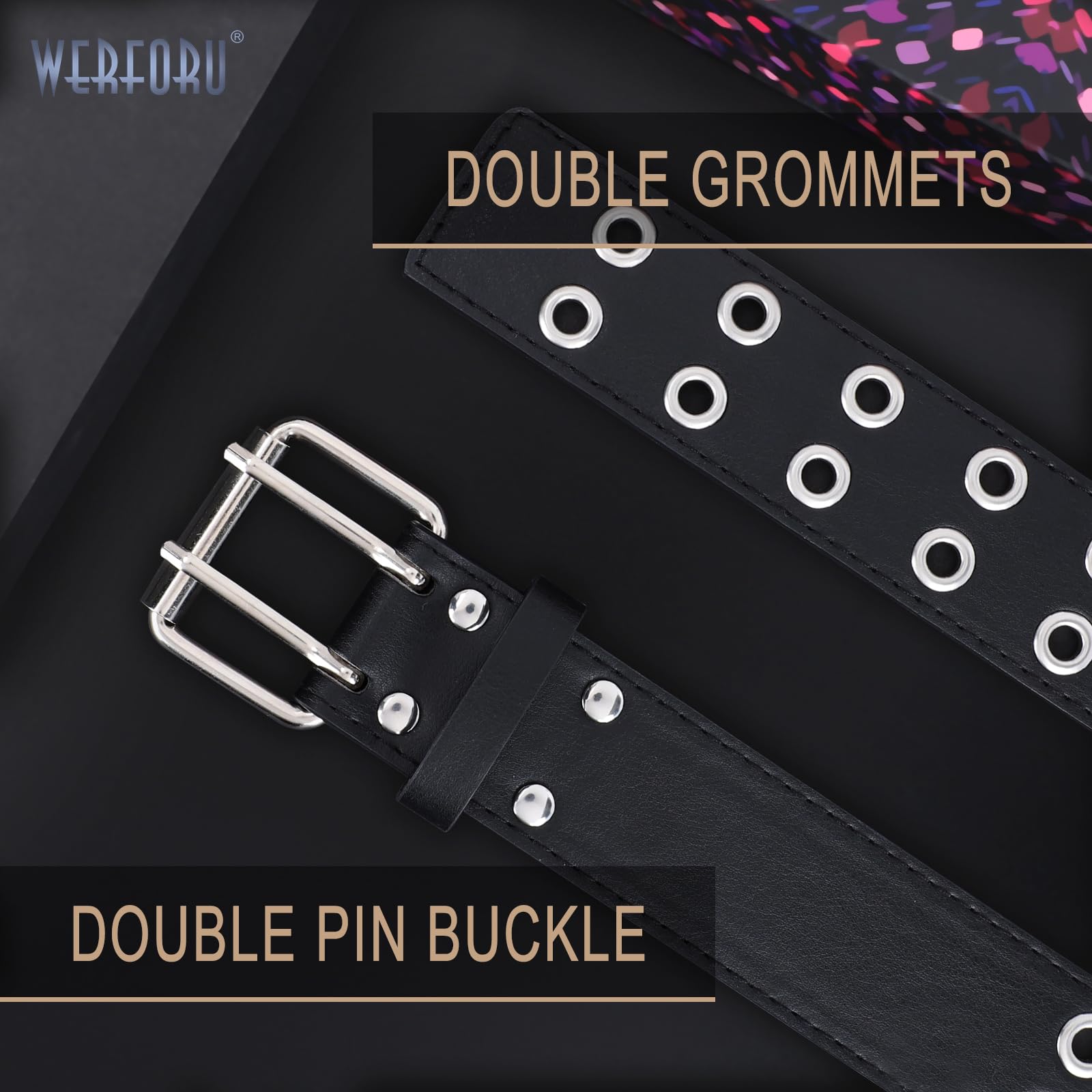 WERFORU Double Grommet Belt PU Leather Punk Belt for Women Men Jeans 2 Hole Belts 1.5 Wide: WERFORU Double Grommet Belt PU Leather Punk Belt for Women Men Jeans 2 Hole Belts 1.5 Wide