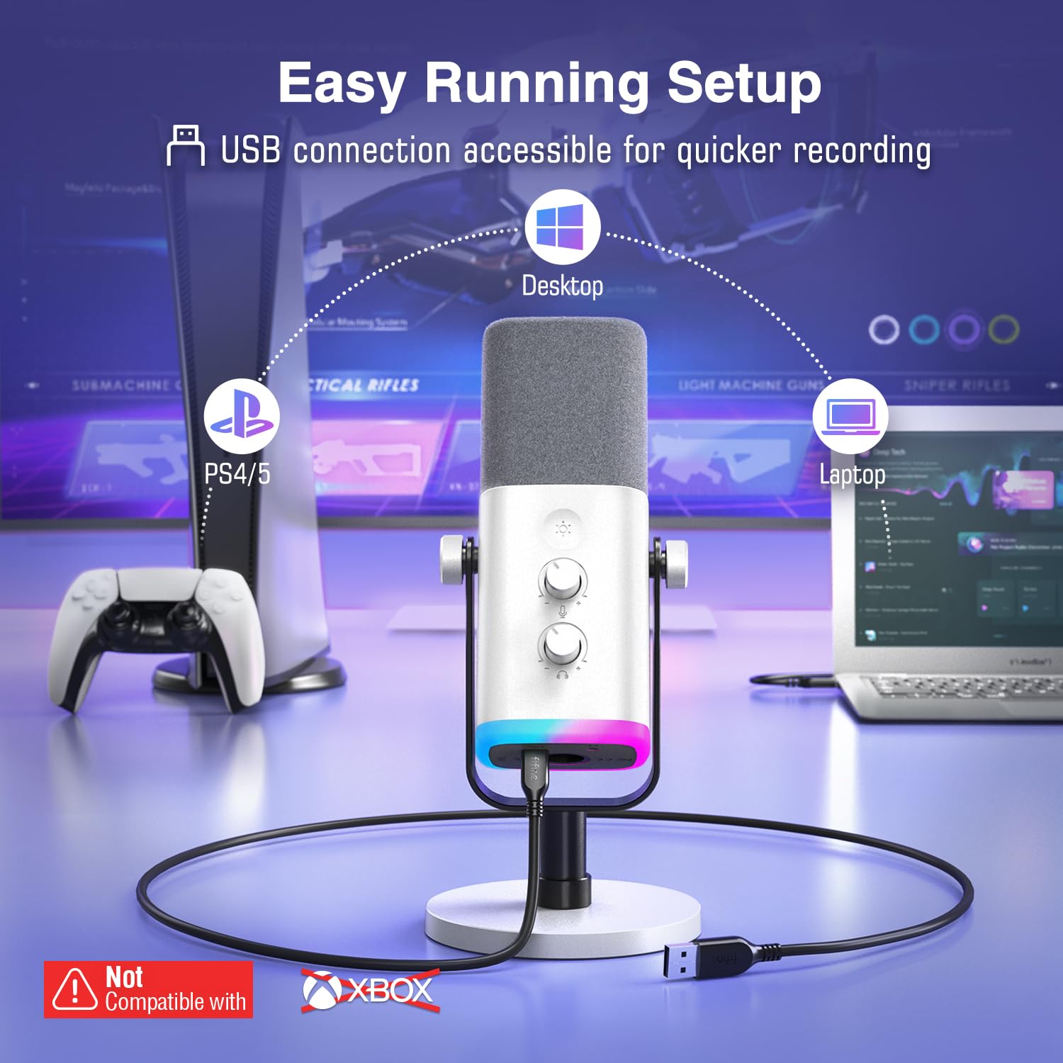 FIFINE USB/XLR Dynamic Microphone for Podcast Recording, PC Computer Gaming Streaming Mic with RGB Light, Mute Button, Headphones Jack, Desktop Stand, Vocal Mic for Singing YouTube-AmpliGame AM8 thumbnail 3