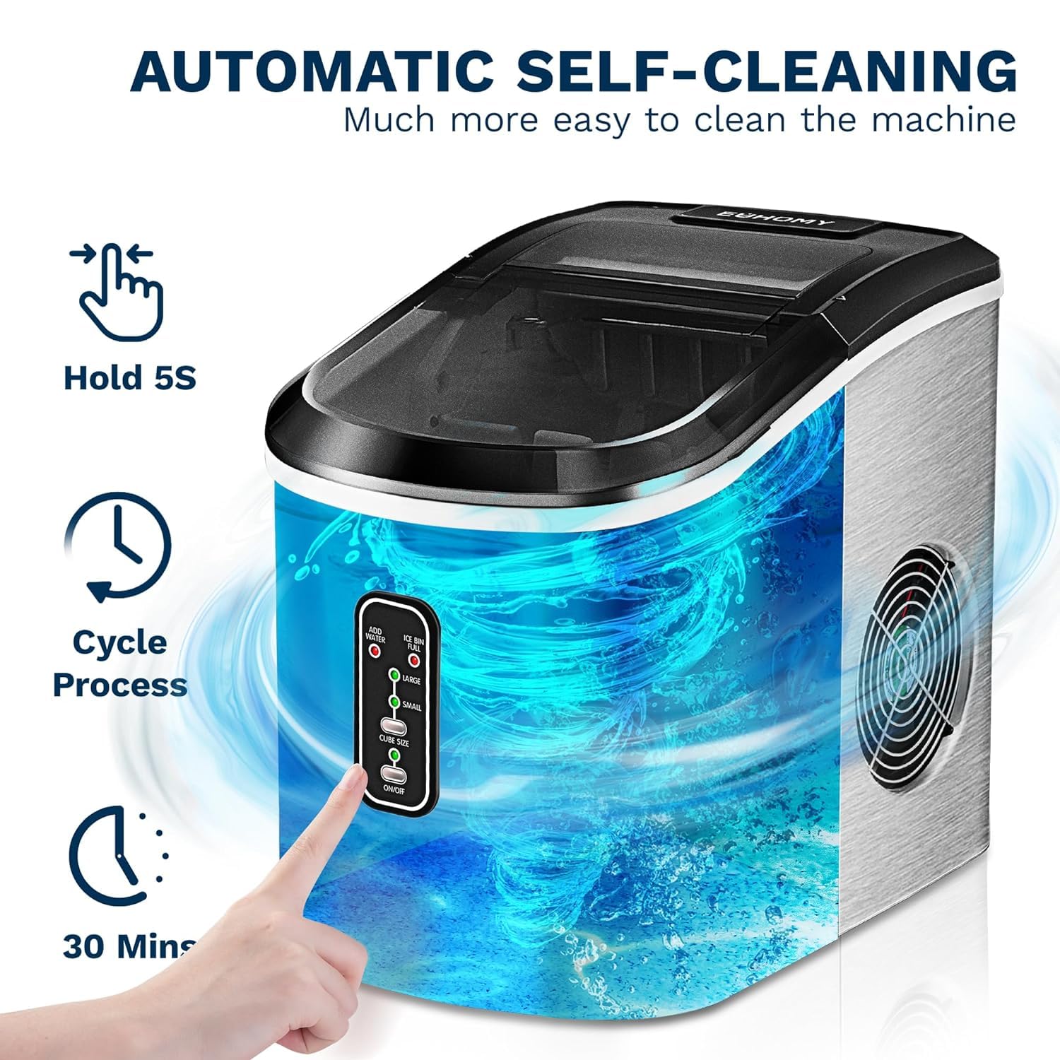 EUHOMY Nugget Ice Maker Countertop with Handle, Ready in 6 Mins, 34lbs Per Day, Removable Top Cover, Auto-Cleaning, Portable Sonic Ice Maker with Basket and Scoop, for Home/Party/RV/Camping (): Steel Silver