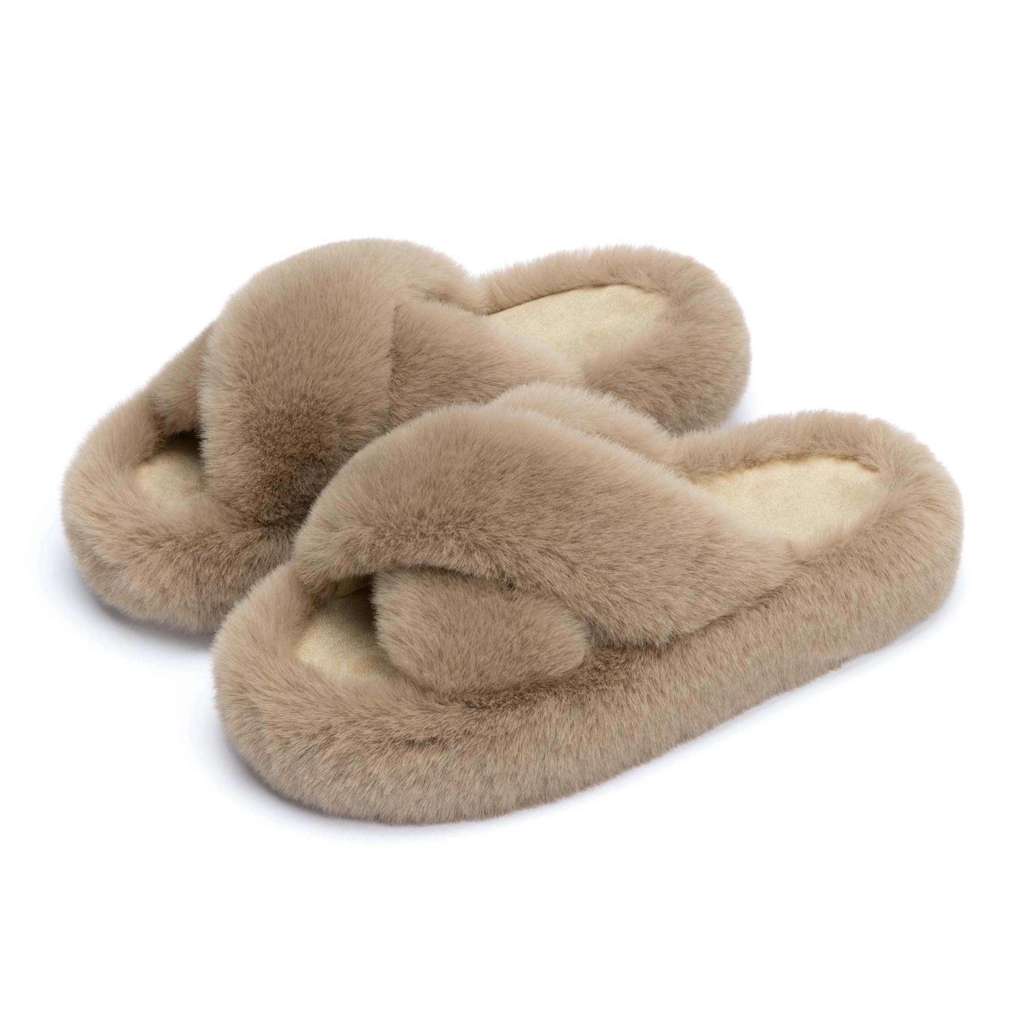 Chantomoo Women's Blue Memory Foam Faux Fur Lined Open Toe Slippers for Women - US 12: 7-8 Light Brown Cross