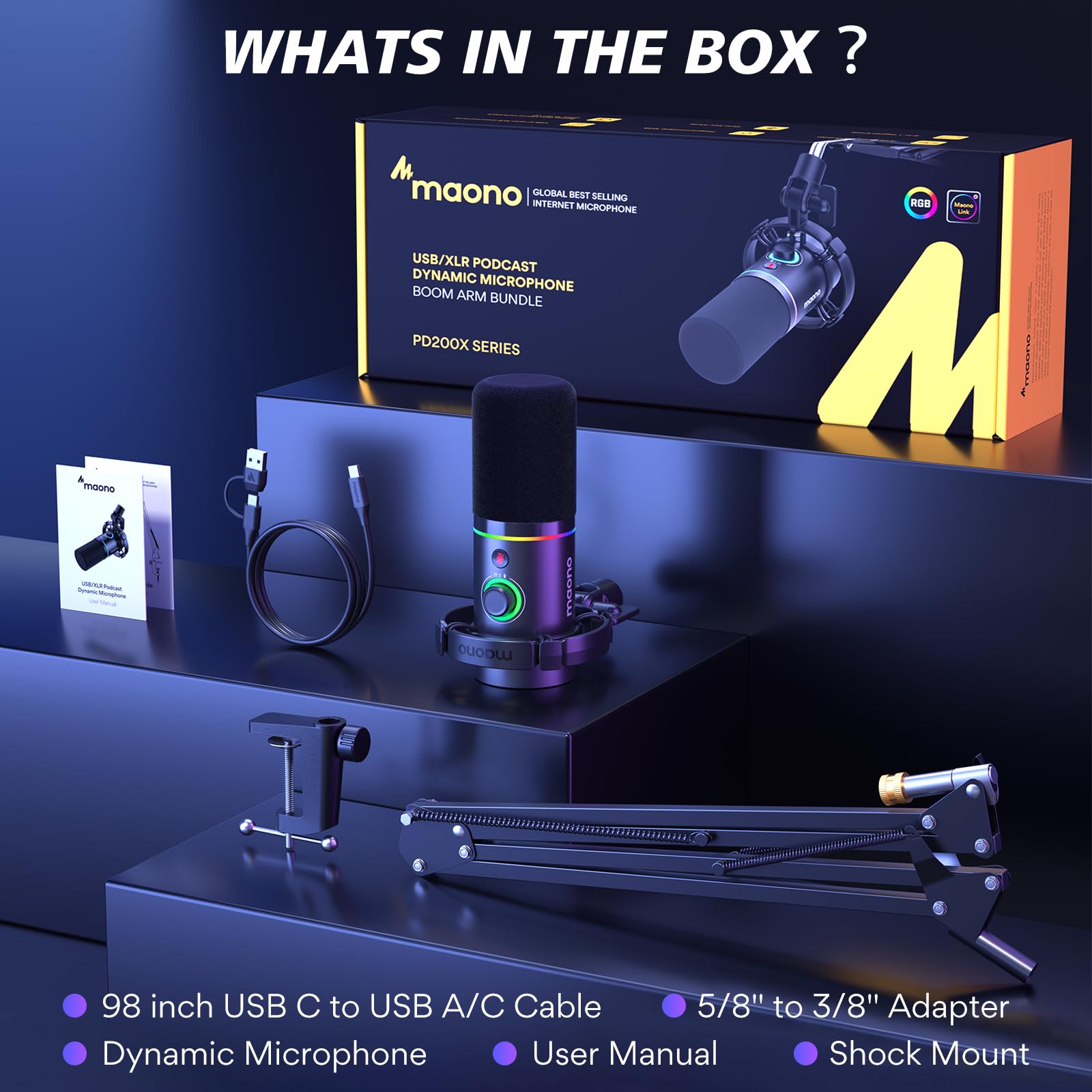 MAONO XLR/USB Dynamic Microphone Kit, RGB Podcast Mic with Software, Mute, Gain Knob, Volume Control, Boom Arm for Streaming, Gaming, Voice-Over, Recording-PD200XS thumbnail 9