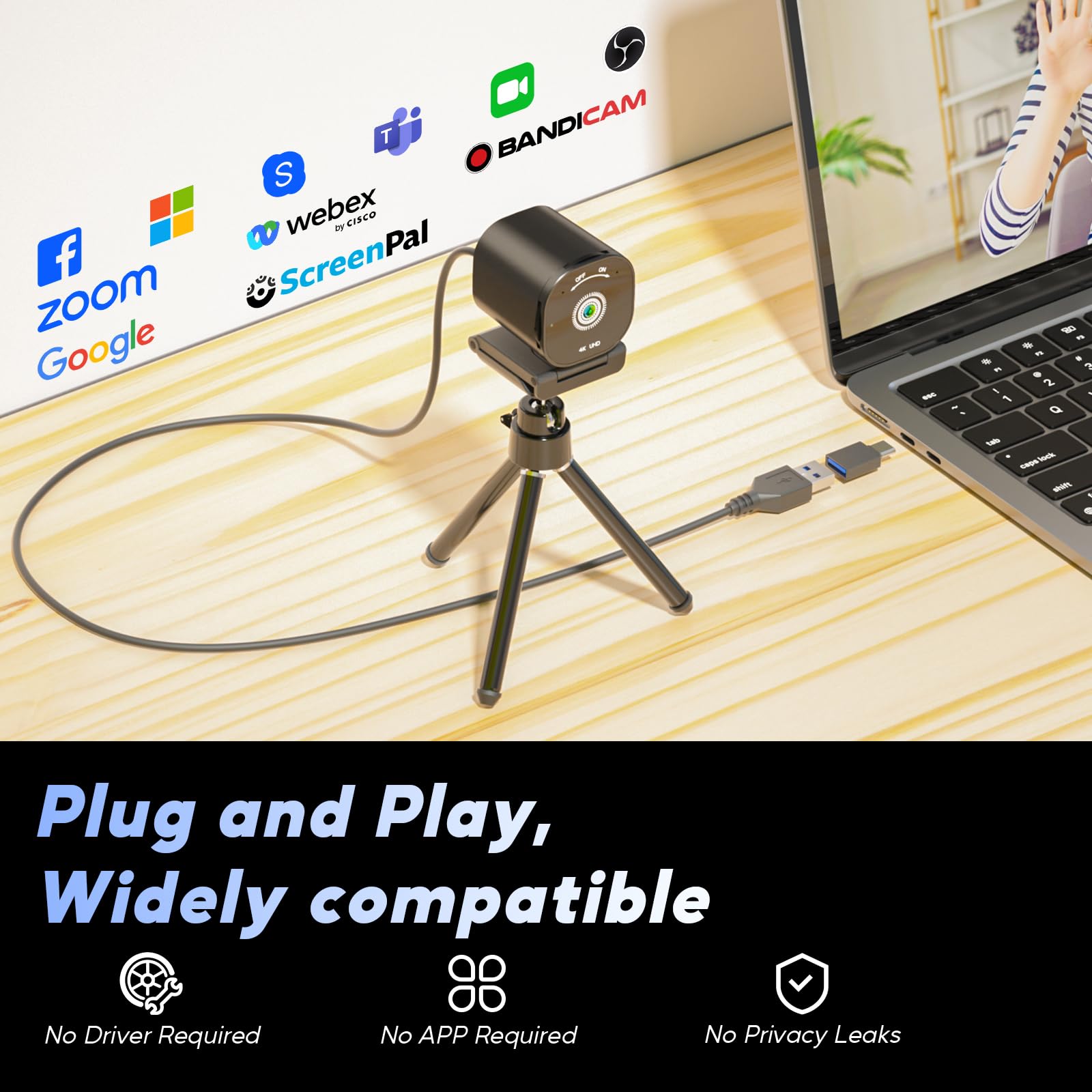 4K Webcam, AutoFocus USB Camera with Dual AI Noise-Cancelling Mics, 4K Webcam for PC with Privacy Cover, Plug & Play Web Camera for Zoom/Teams/Meet/Xbox/OBS: M9