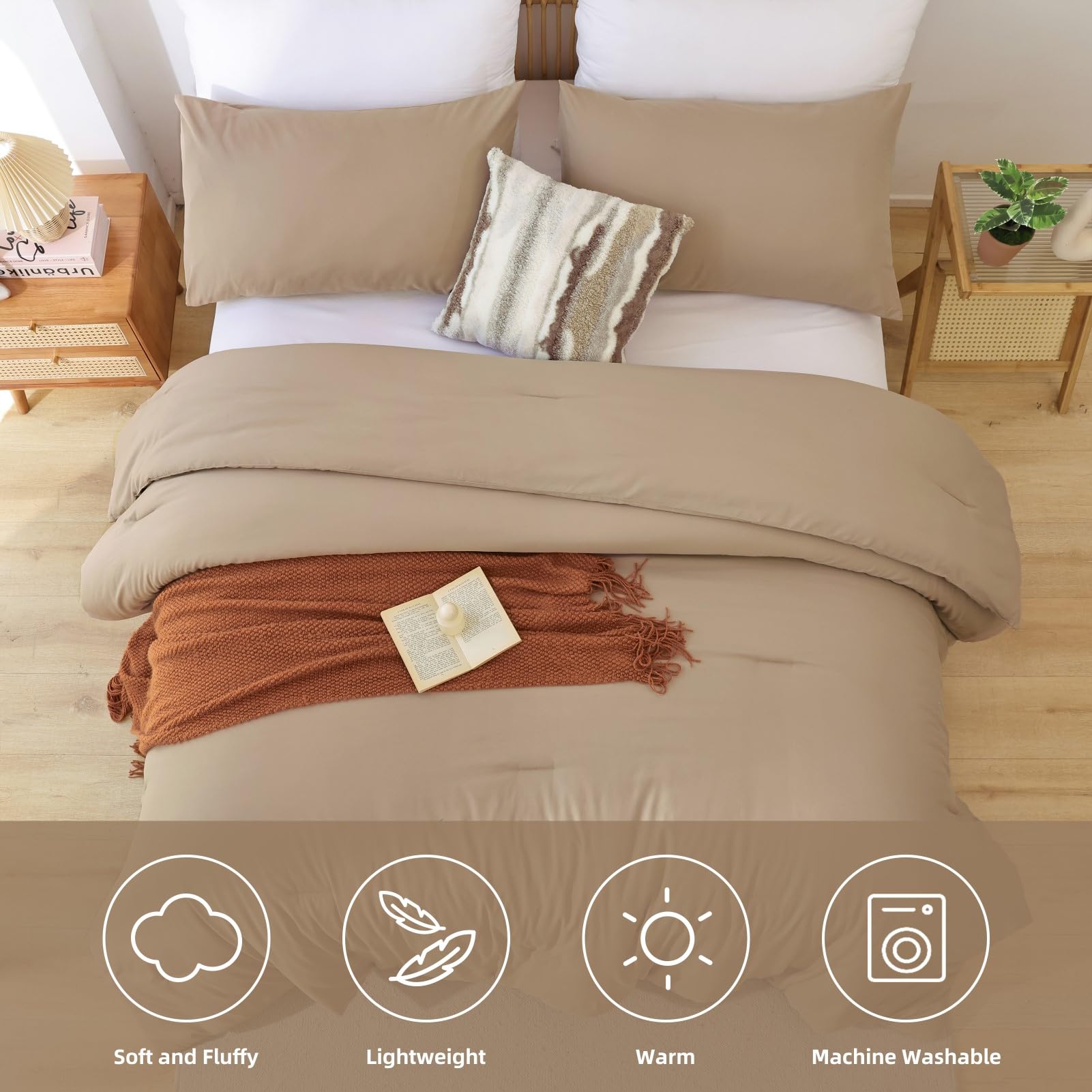 ROSGONIA Queen Comforter Set Oatmeal, 3pcs(1 Boho Oatmeal Comforter & 2 Pillowcases) All Season Soft Bedding Lightweight Bedspread Blanket Quilt: Full Comforter 79"x90" Taupe