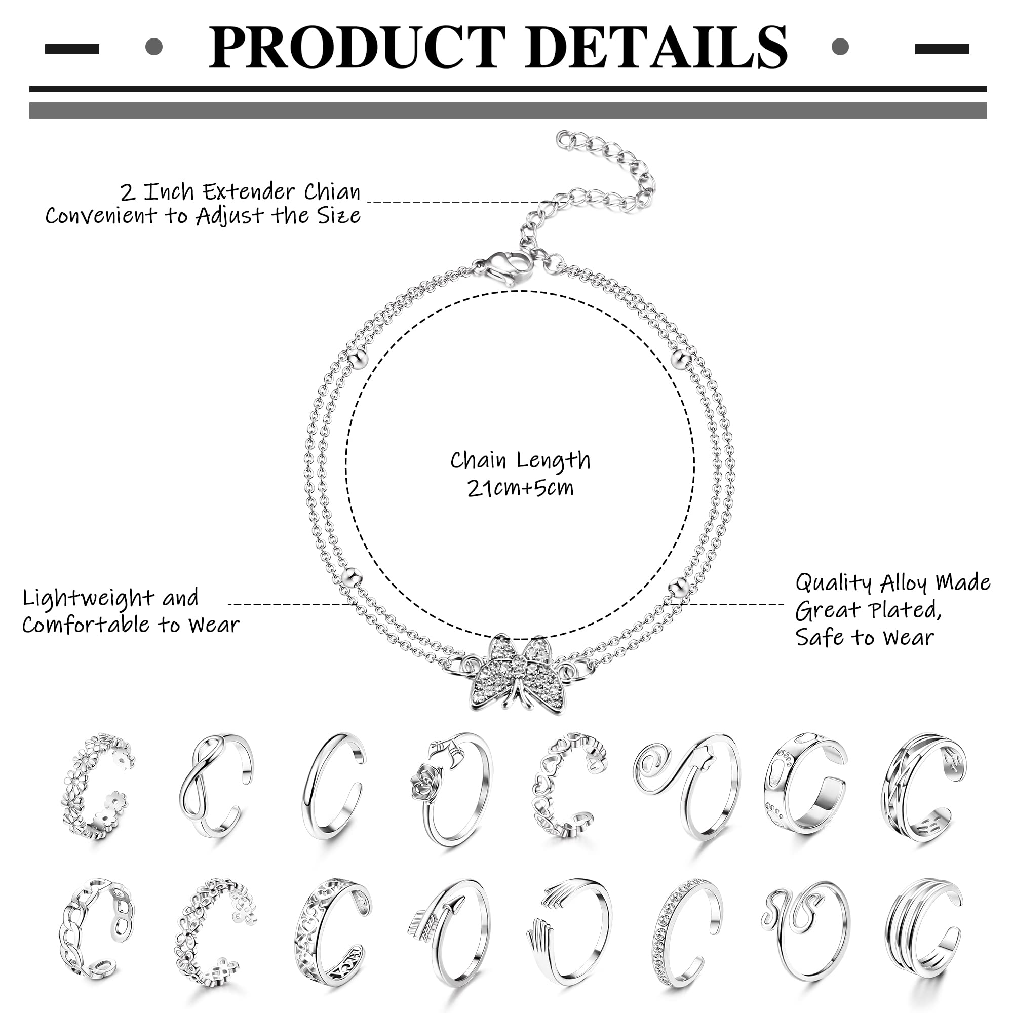 Sanfenly Anklets and Toe Ring Set for Women Silver Anklet Bracelets Open Adjustable Toe Ring Flower Wave Heart Tail Pinky Band Rings Summer Beach Foot Jewelry: Toe Rings+ Anklets
