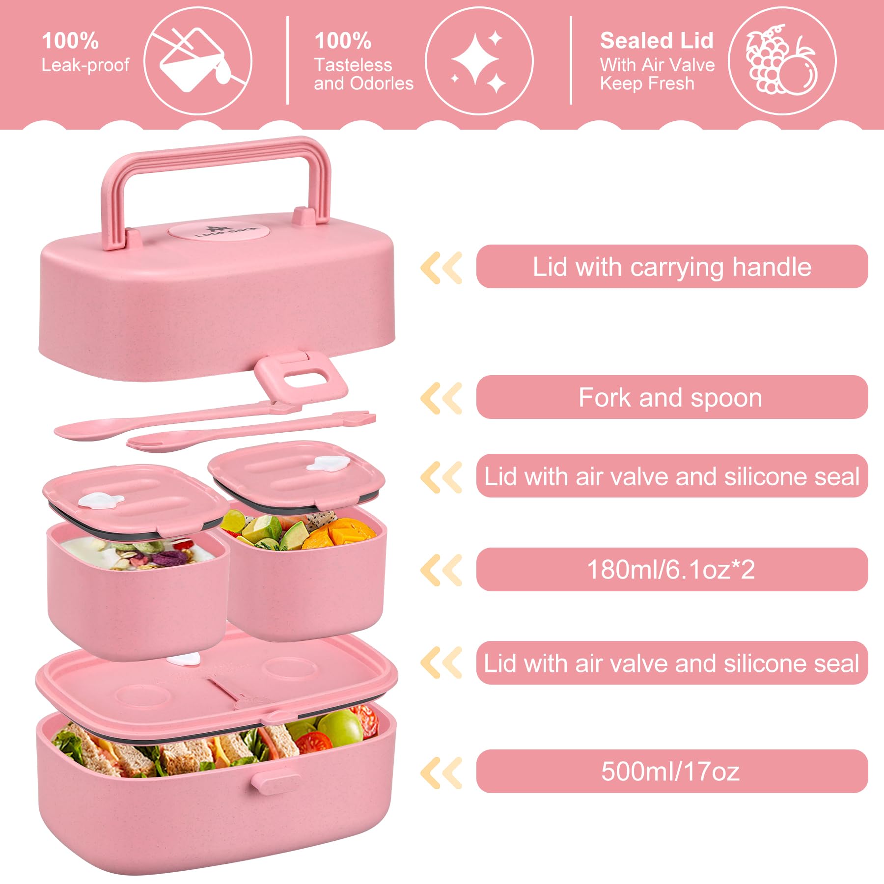 Pawtong Bento Lunch Box with 8oz Soup Thermo, Kids Sustainable Bento Box Leakproof Lunch Food Containers with Lunch Bag, Kids Thermo Insulated Hot Food Jar for School, Trvael (): Pink