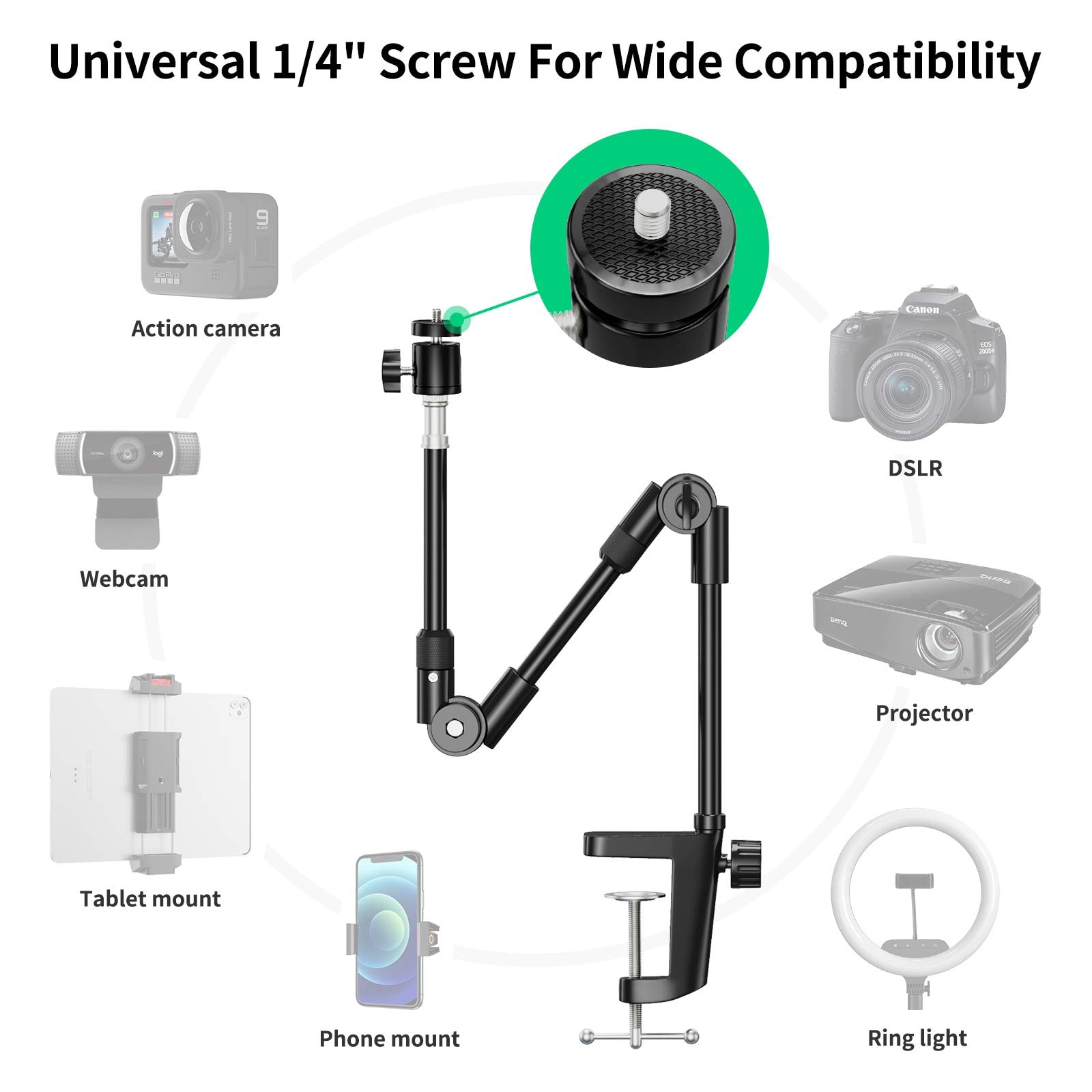 Webcam Stand Camera Mount with Phone Holder & 5/8" Screw, 22in Flexible Projector Stand Gooseneck Desk Mic Stand for Logitech C922 C930e C920 C615 C960 Brio 4K, GoPro, Blue Yeti Snowball Ice