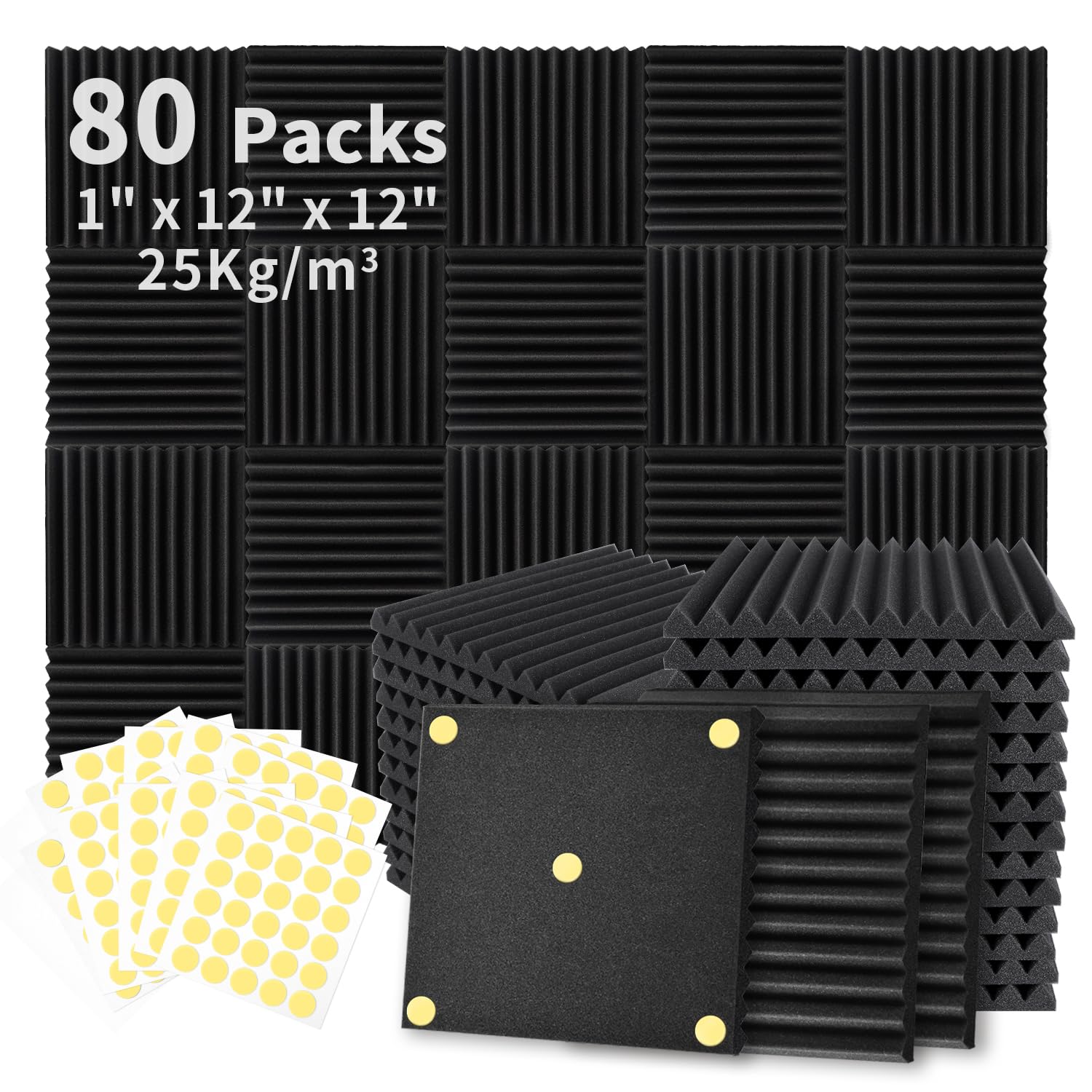 Focusound  Acoustic Foam Panels 1" x 12" x 12" Sound Proof Foam Panles Soundproofing Noise Cancelling Wedge Panels for Home Office Recoding Studio with 300PCS Double-Side Adhesive: 80 Pack