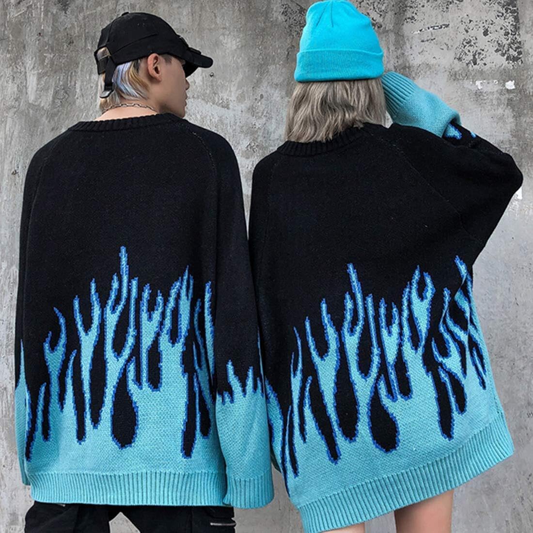 Vamtac Womens Crewneck Oversized Sweaters Y2K Aesthetic Flame Graphic Knitted Sweater Casual Pullover Long Sleeve Jumper: Vamtac Womens Crewneck Oversized Sweaters Y2K Aesthetic Flame Graphic Knitted Sweater Casual Pullover Long Sleeve Jumper