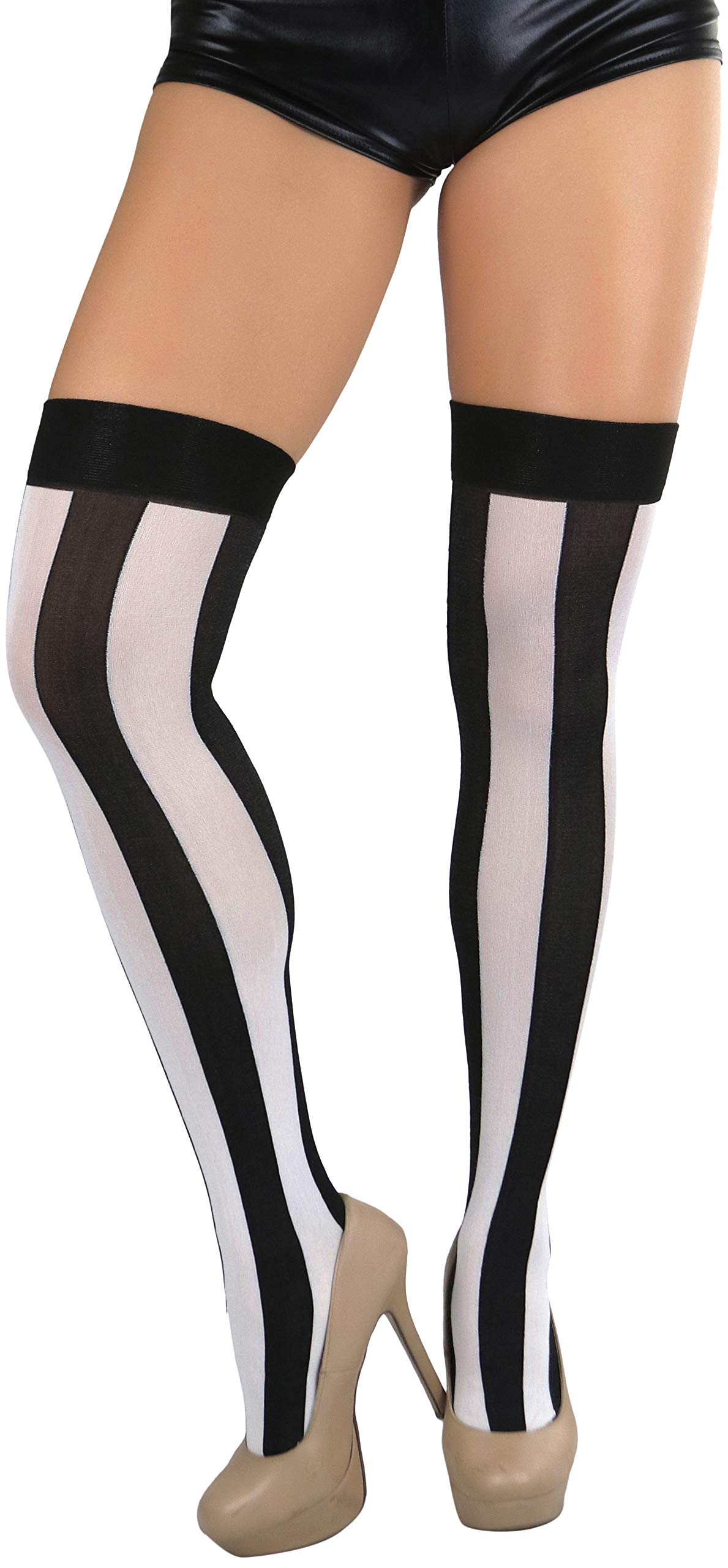 ToBeInStyle Women’s Wide Vertical Striped Thigh High Halloween Party Novelty Stockings: Black W/ White Wide Stripes