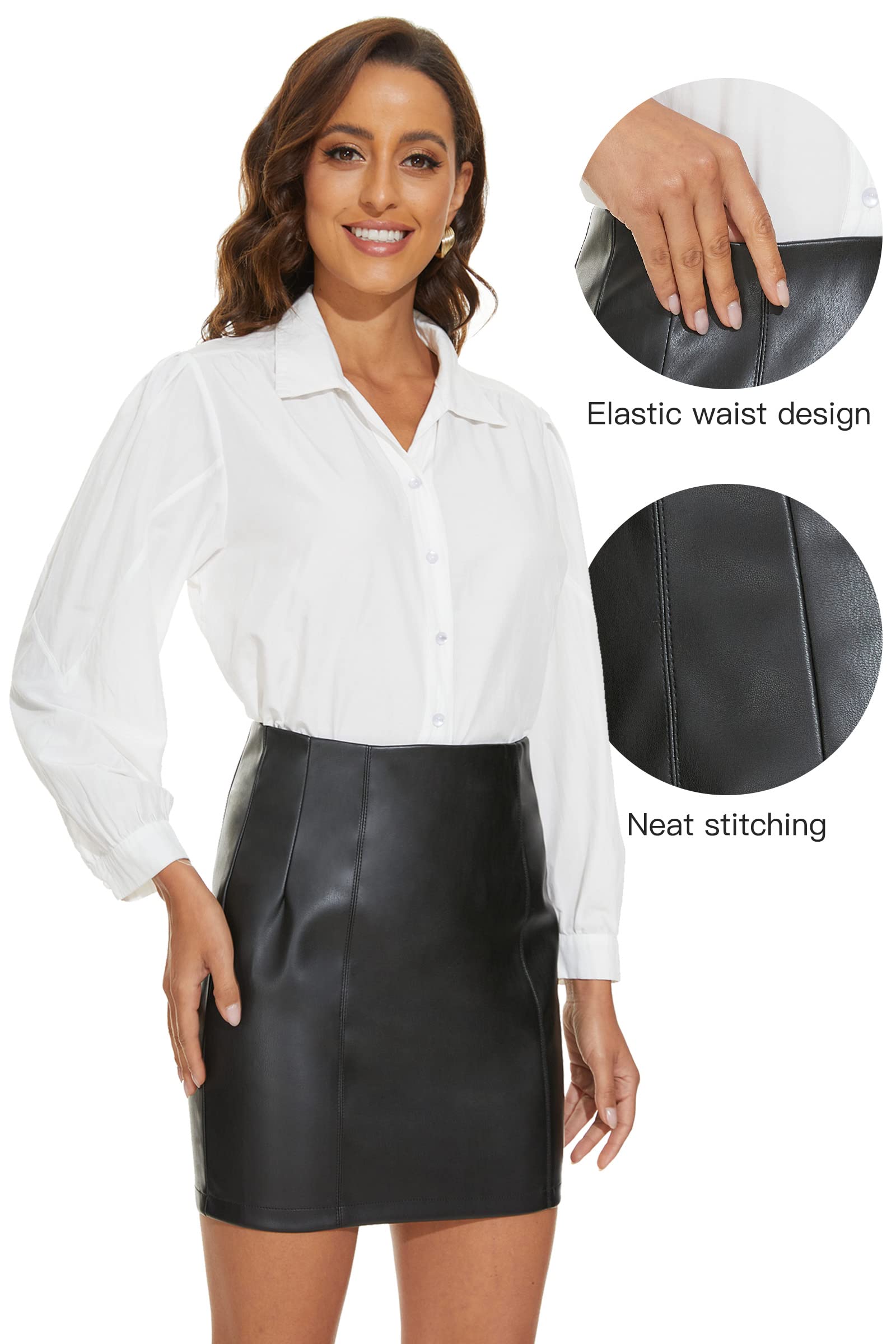 Fahsyee Women's Faux Leather Skirt, Hip High Waisted Stretchy Zipper Mini A-Line Pencil Short Plus Size S-XXL