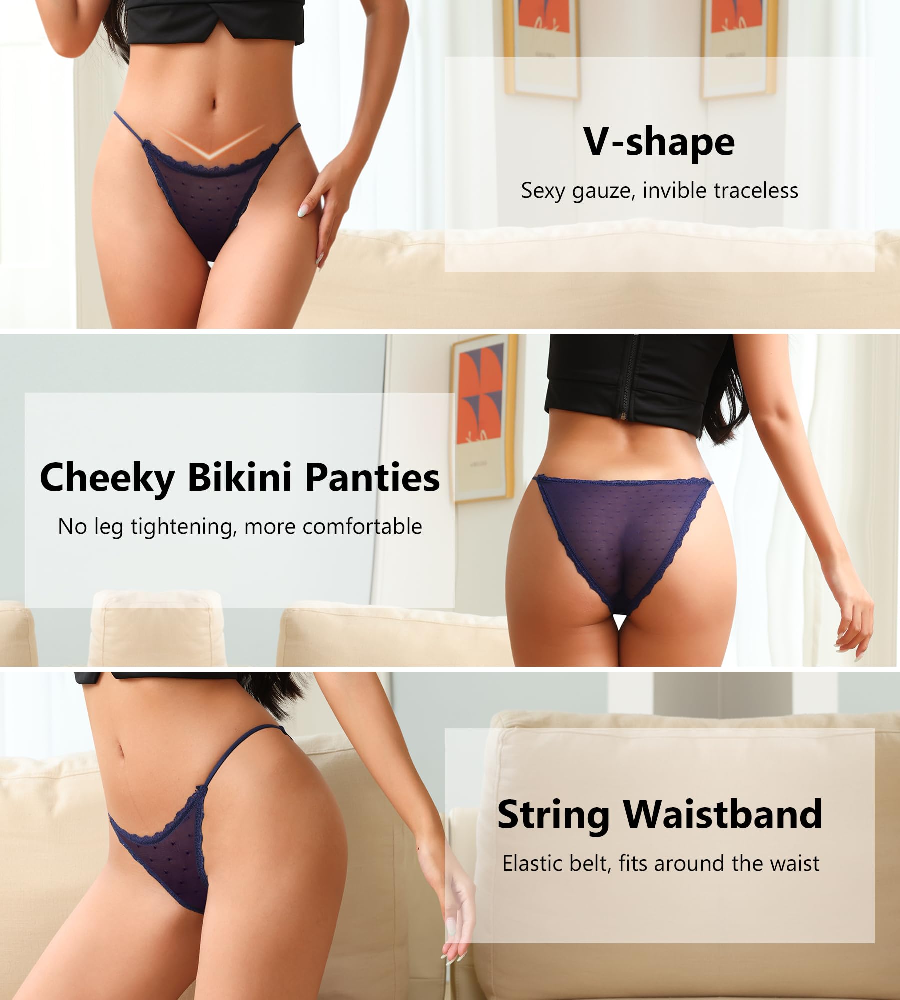 J-pone Sexy Underwear for Women String Bikini Underwear for Women High Cut Breathable Hipster Cheeky Lace Panties 5Pack: Small 5 Pack Multicolor