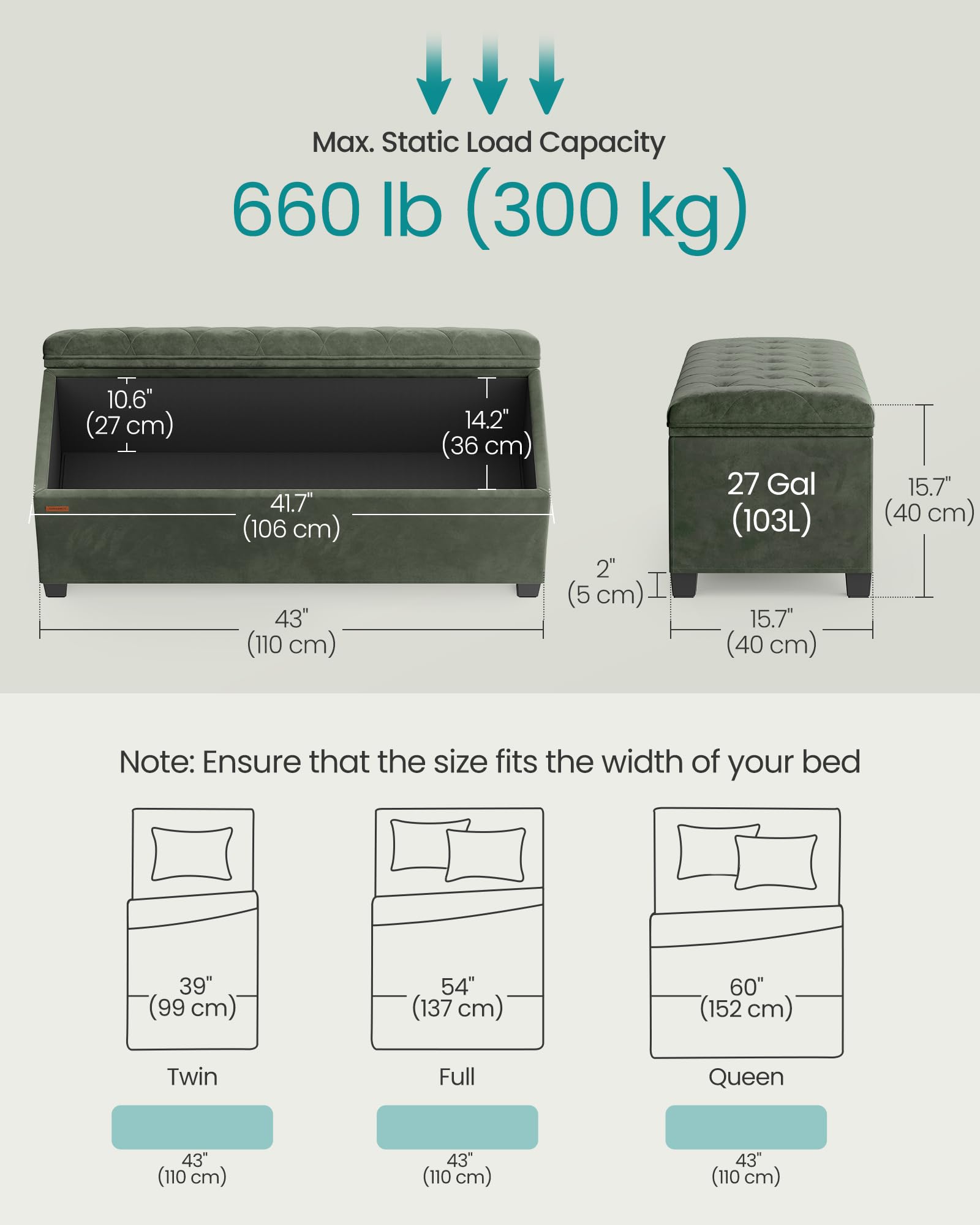 SONGMICS Velvet Storage Ottoman Bench, Foot Rest with Legs, 15.7 x 43 x 15.7 Inches, End of Bed Bench, Storage Chest, Load up to 660 lb, for Living Room, Bedroom, Entryway,  ULSF089C01: Forest Green