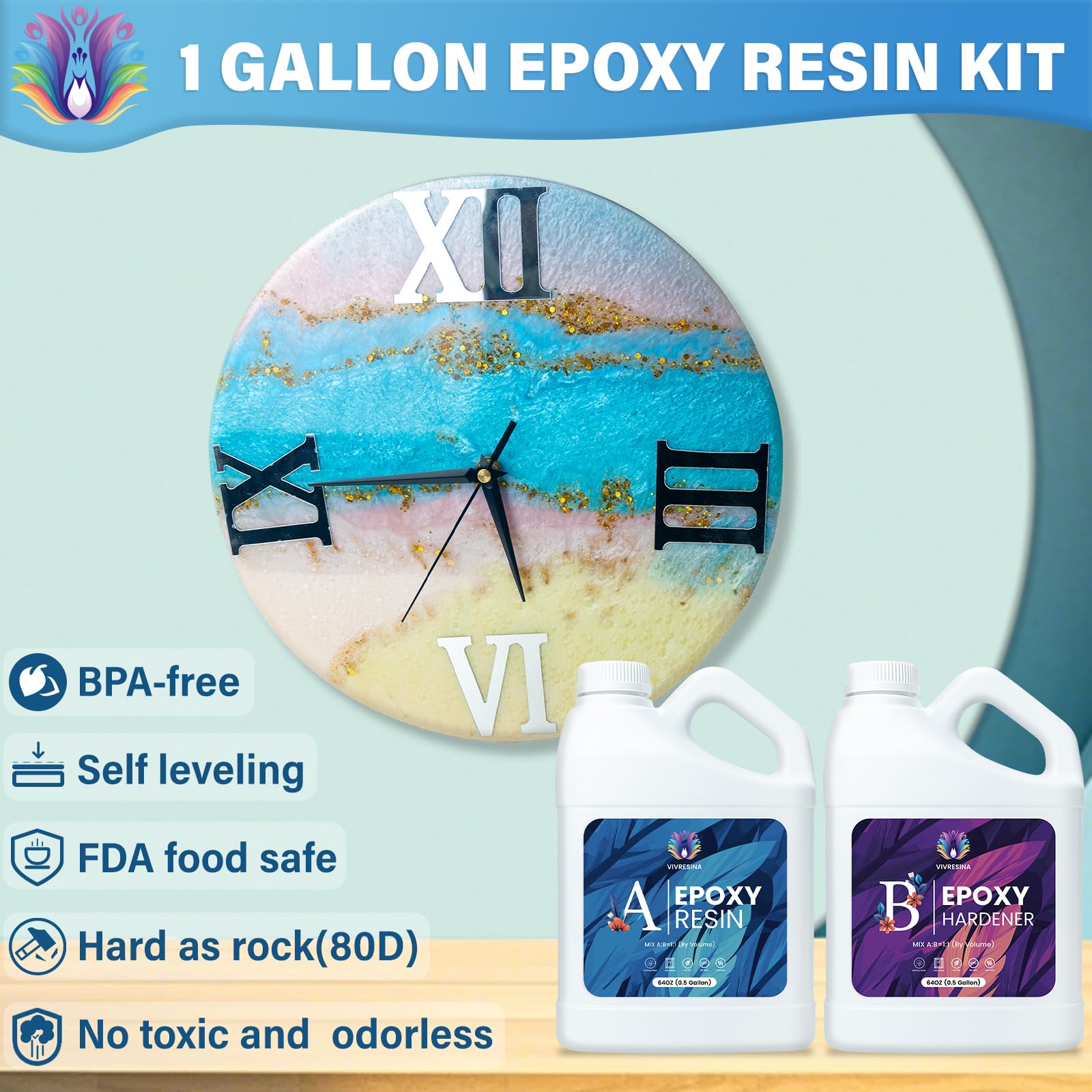 Epoxy Resin 1 Gallon Kit with Pump High Glossy Food Safe Crystal Clear Bubble Free No Yellowing Easy Mix 1:1 for Craft DIY Jewelry Art Casting: 1 GALLON
