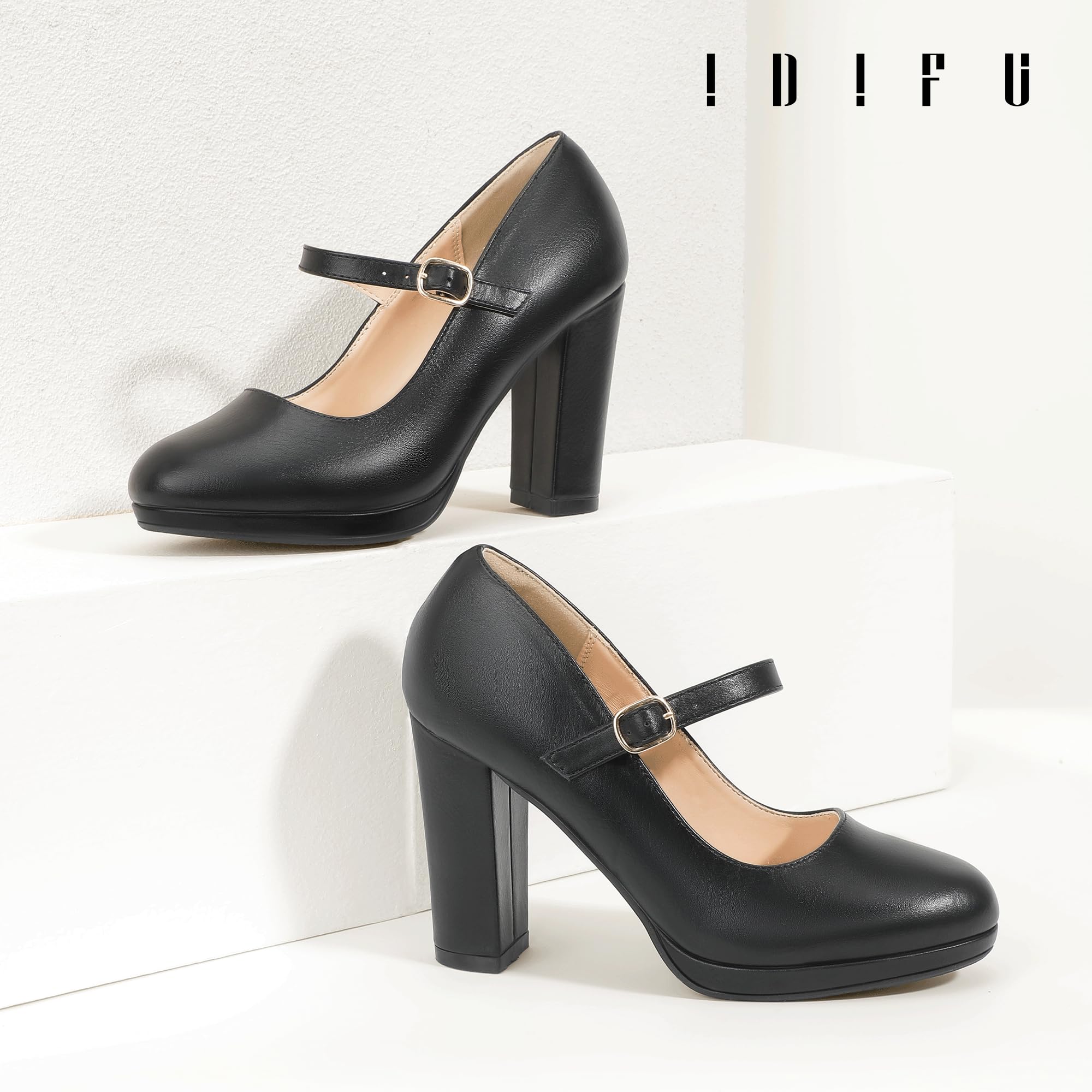 IDIFU IN4 Mary Jane Shoes Closed Toe Heels Platform High Chunky Block Heels Women's Pumps Comfortable Dress Shoes for Women Wedding Bridal Work Fashion Round Toe Pumps Shoes: 5.5 Black Pu