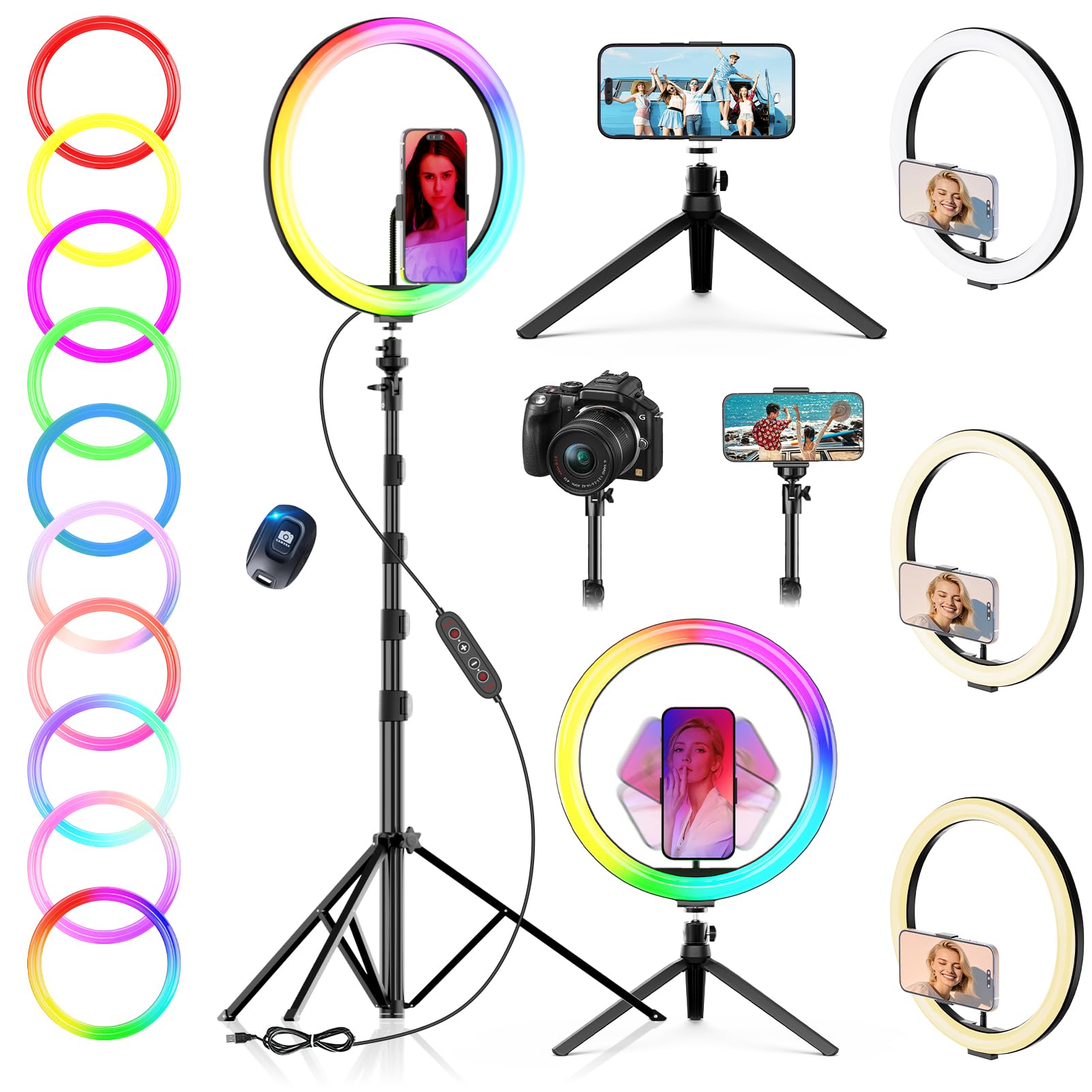 12" Selfie Ring Light with 73" Extendable Tripod Stand: PEYOU Desk Selfie Lights 38 Color Modes, Upgrade 3 in 1 Dimmable Adjustable Speed Ring Light for Makeup/TIK Tok/YouTube