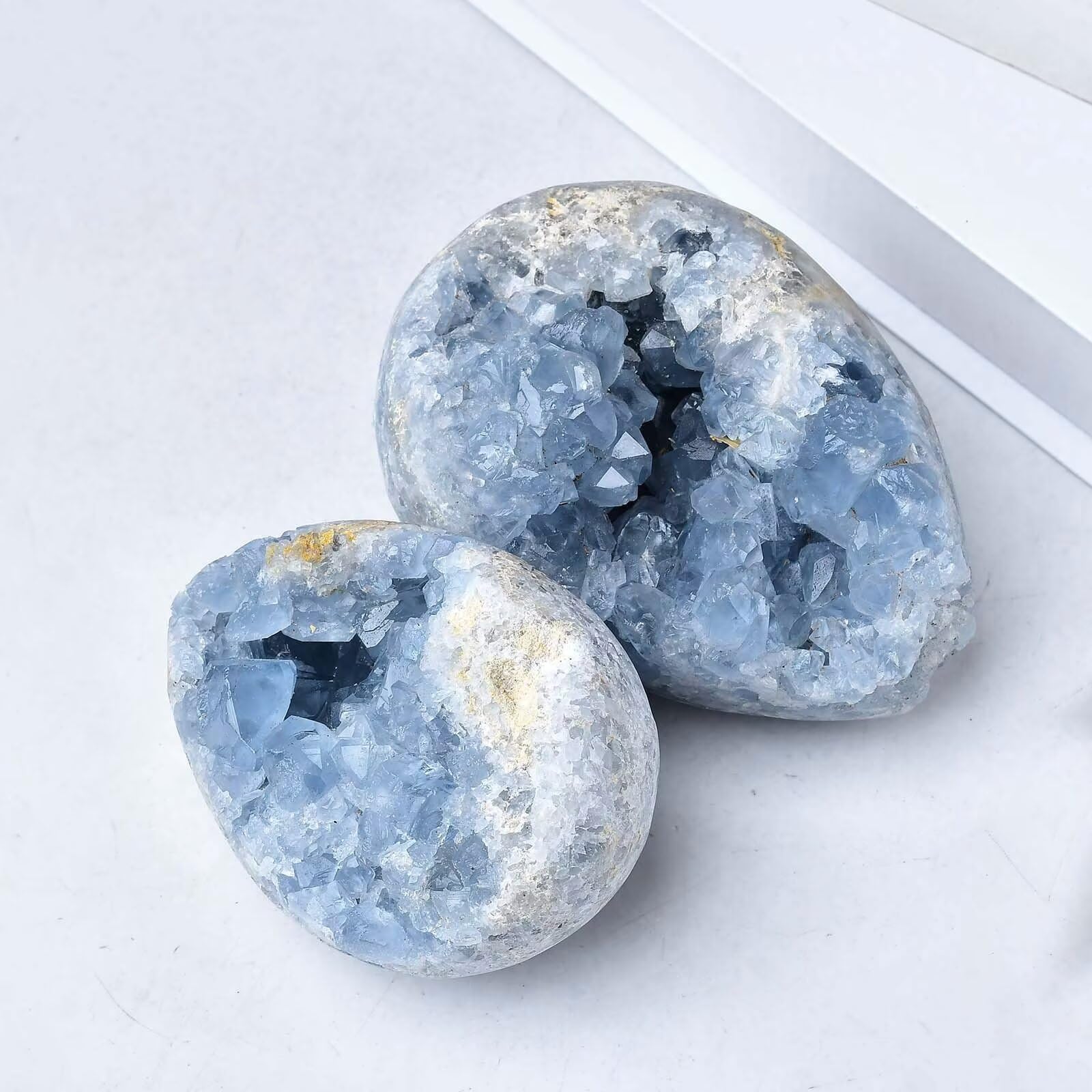 FZBHRO Natural Blue Celestite Geode Egg Healing Crystal Stone Collection Mineral Specimen with Stand Home Office Decor 6.6-7.7 Pounds: Dark Blue 1.3-1.7 Pound