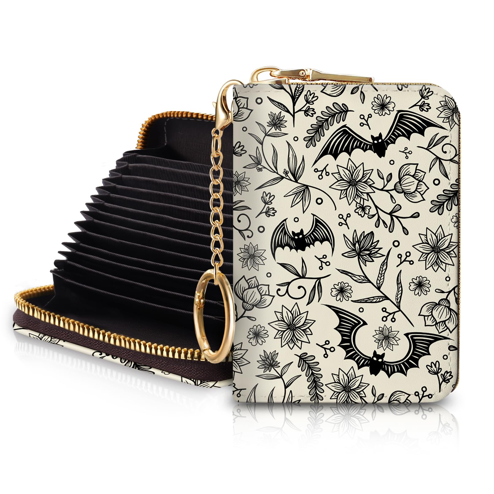 Blusabaca  Credit Card Holder for Women, Gothic Floral Small RFID Wallet with Zipper, Card Keychain Wallet, Leather Wallet Card Case, Business Accordion Wallet Gift: Goth Bat