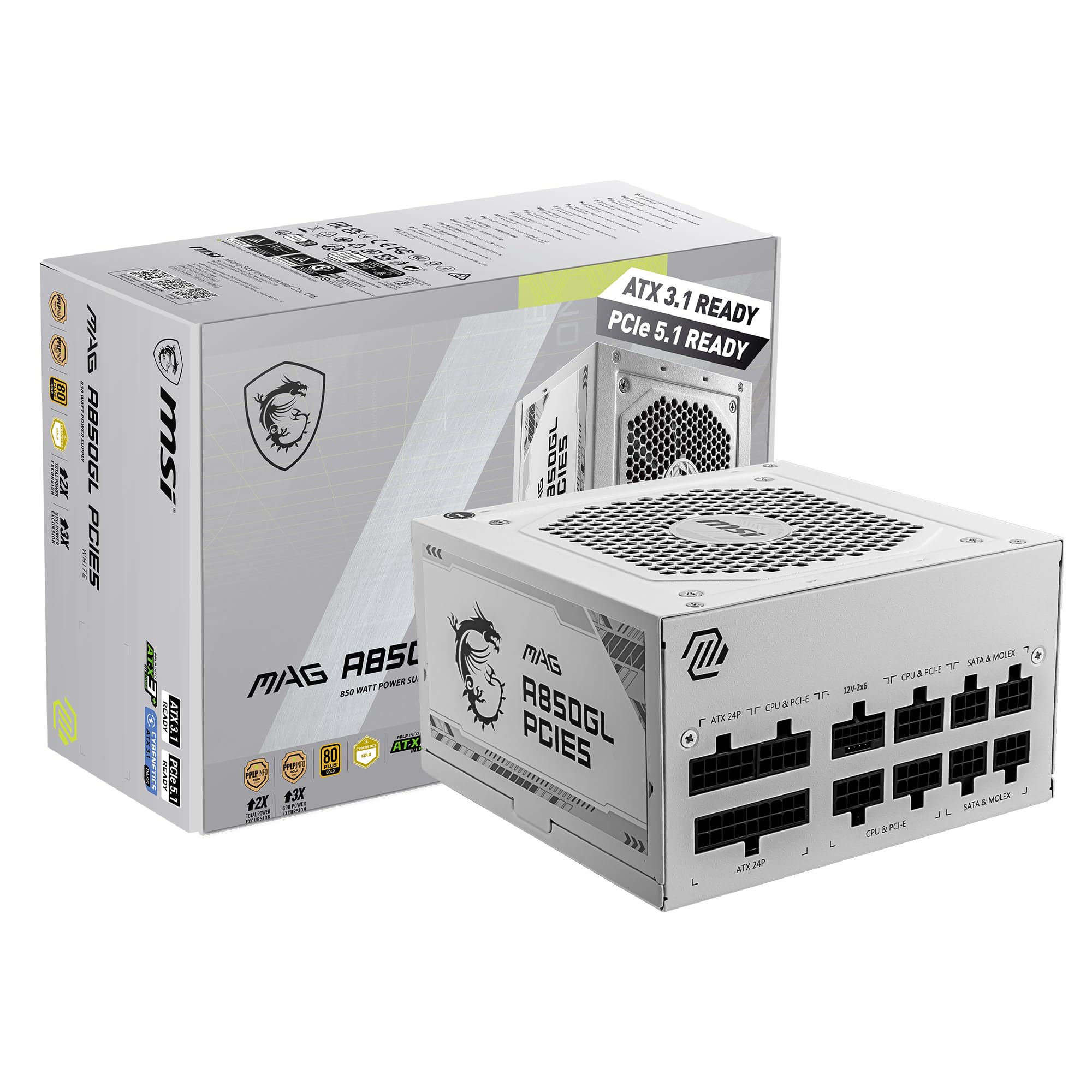 MSI MAG A750GL PCIE 5.1 & ATX 3.1 Gaming Power Supply - Full Modular - 80 Plus Gold Certified 750W - Compact Size - ATX PSU - 10 Year Warranty: MAG A850GL PCIE5 WHITE